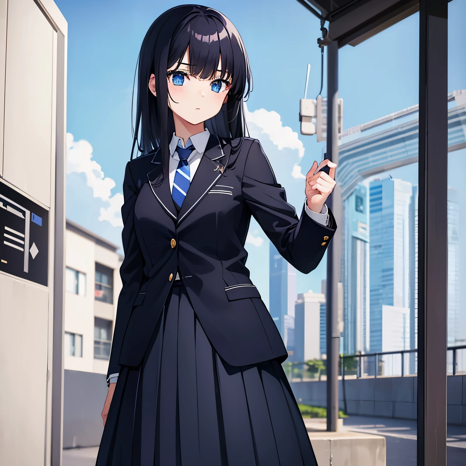 eye color is blue　17years old　1girl　hair color is black　hair length is medium　high school student　uniform　tie　No expression　super long skirt　Are standing　blazer
