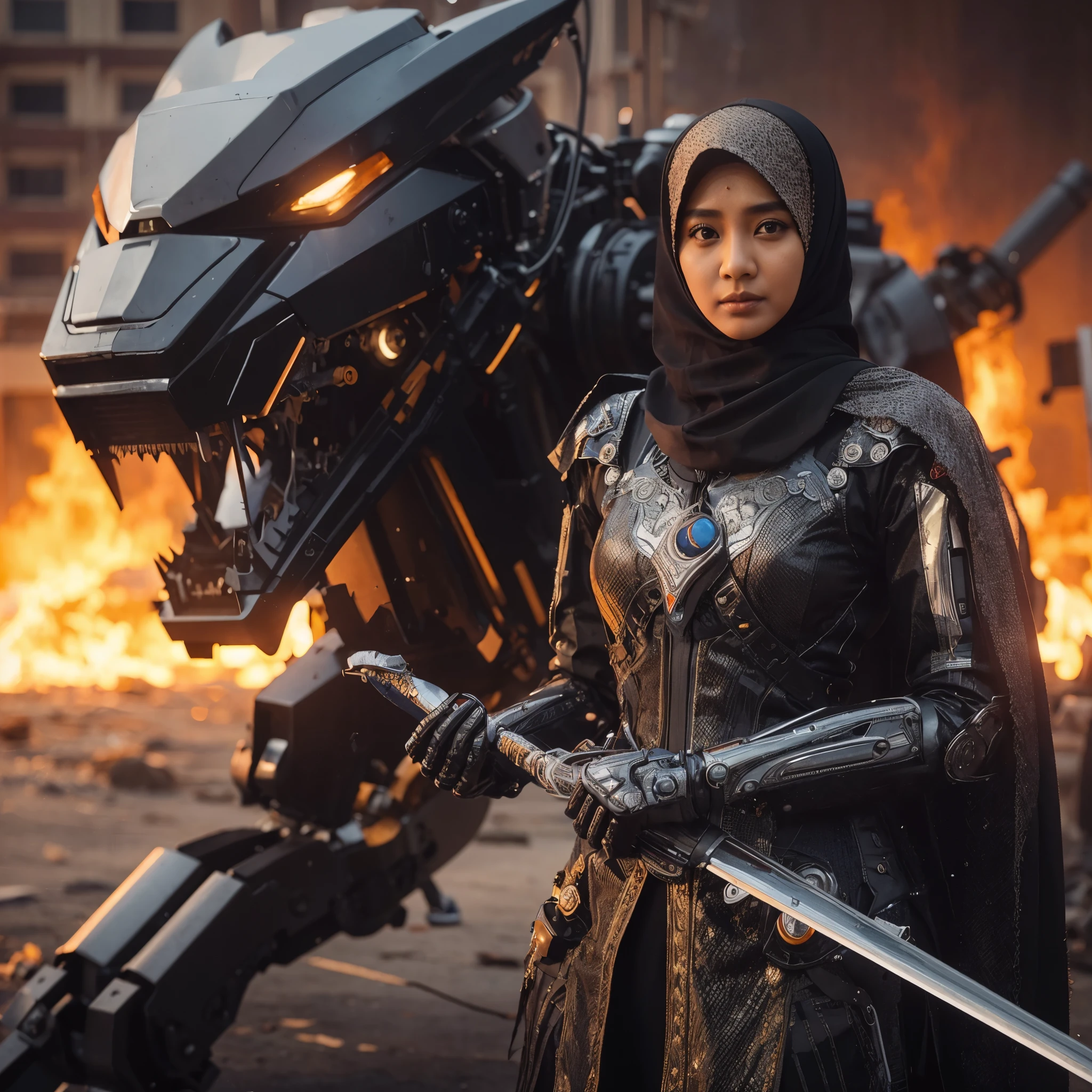 Seorang wanita indonesia, wajah tenabg dan tegas, memakai baju perang, berhijab, dengan robot purba, foto sangat nyata, sangat jelas, 8k, ultrahd
