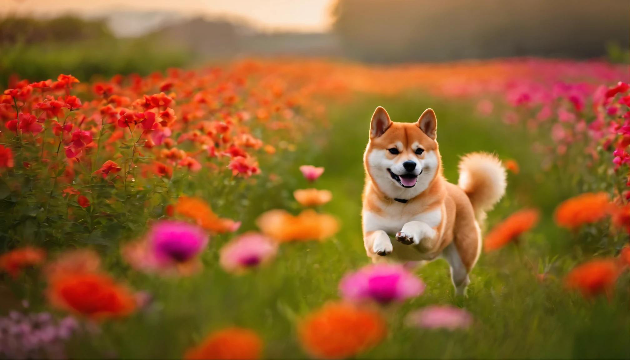 Shiba Inu dancing in a flower field