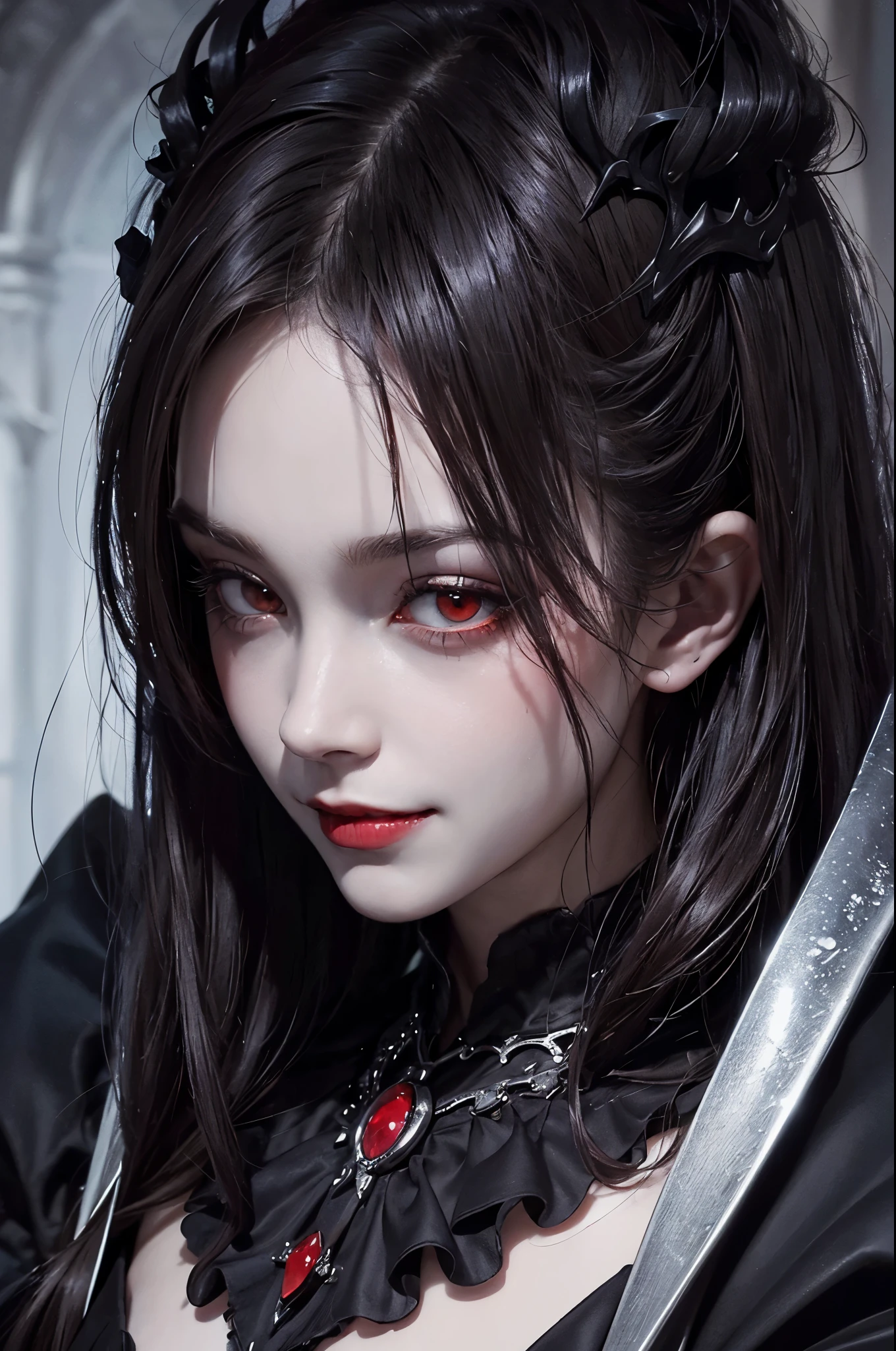 "((close up potrait)), Dark fantasy, gothic style, beautiful vampire queen, wearing a gothic-style dress, (with a bloodthirsty smile and blood on the face and body), red bloody eyes, and a blood moon in the background. The scene is set in a gothic castle with lots of shadow small bats, emphasizing the pale skin and glowing eyes."