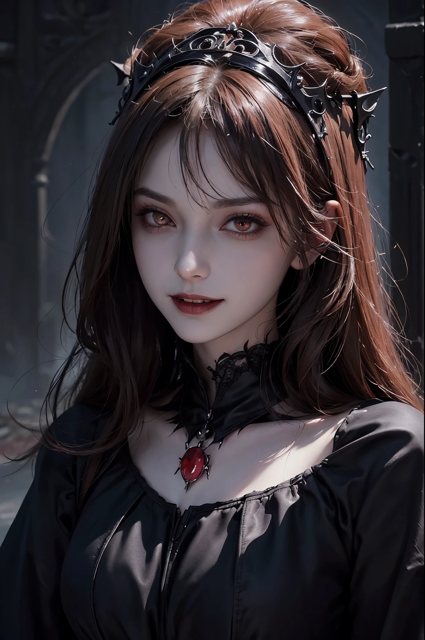 "((close up potrait)), Dark fantasy, gothic style, beautiful vampire queen, wearing a gothic-style dress, (with a bloodthirsty smile and blood on the face and body), red bloody eyes, and a blood moon in the background. The scene is set in a gothic castle with lots of shadow small bats, emphasizing the pale skin and glowing eyes."