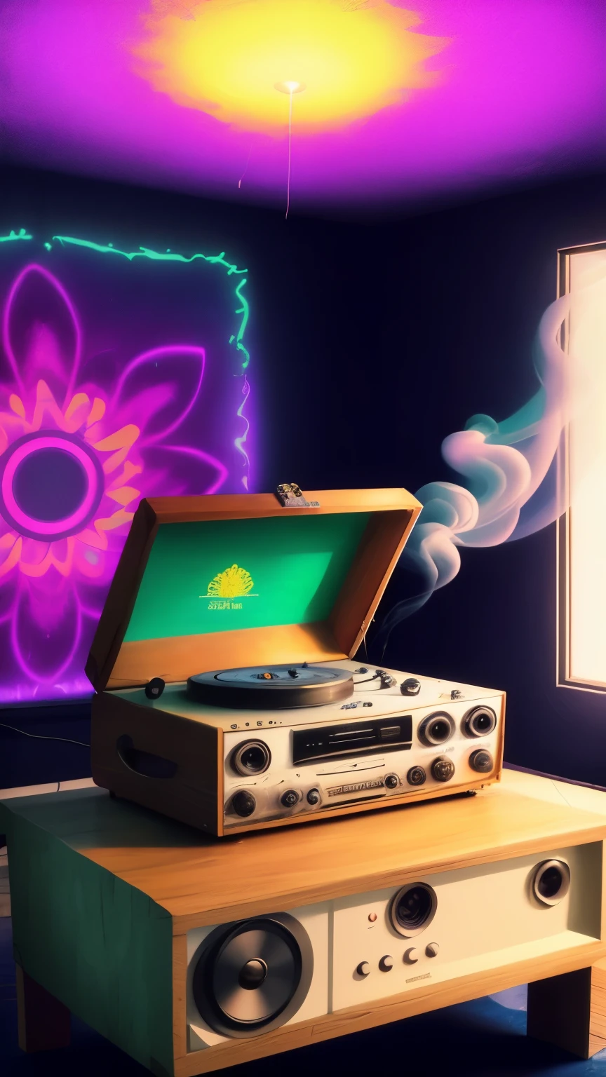 On the table,simple 3D rendering,80s radio,weed,hippie vibes,(best quality,4k,8k,highres,masterpiece:1.2),(realistic,photorealistic,photo-realistic:1.37),colorful,retro style,wooden table,vinyl record player,vibrant colors,smoke swirling,green buds,purple haze,peaceful atmosphere,euphoric feeling,psychedelic artwork,calming aura,radio dials,tape cassette,glowing neon lights,old-school boombox,flower power,relaxing tunes,groovy patterns,laid-back mood,record collection,magical ambiance,vintage aesthetic,lo-fi beats,vibrant graffiti,clouds of smoke,hippie paraphernalia,indoor plants,funky posters,psychedelic visuals,positive energy,nostalgic vibes,relaxation and bliss.