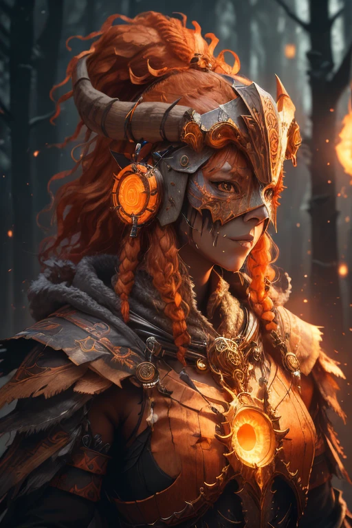 s4g0d,
Girl shaman, Wearing a mask made of wood, portrait, Stand in an S shape, Orange curly hair,