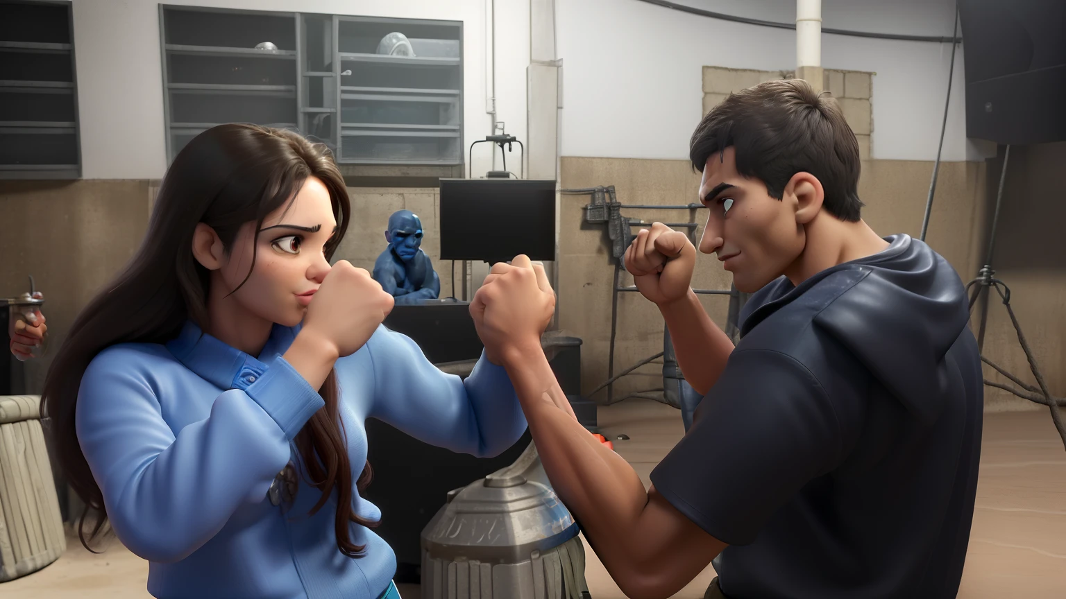 there is a Brazilian man and brunette woman ,posing for a fight, hand to hand combat, posing for a fight intricate, in a fighting pose, by Willian Murai, getting ready to fight, sparring, posing ready for a fight, fight pose, arm wrestling, by Nándor Katona, ready to fight, fists in the air