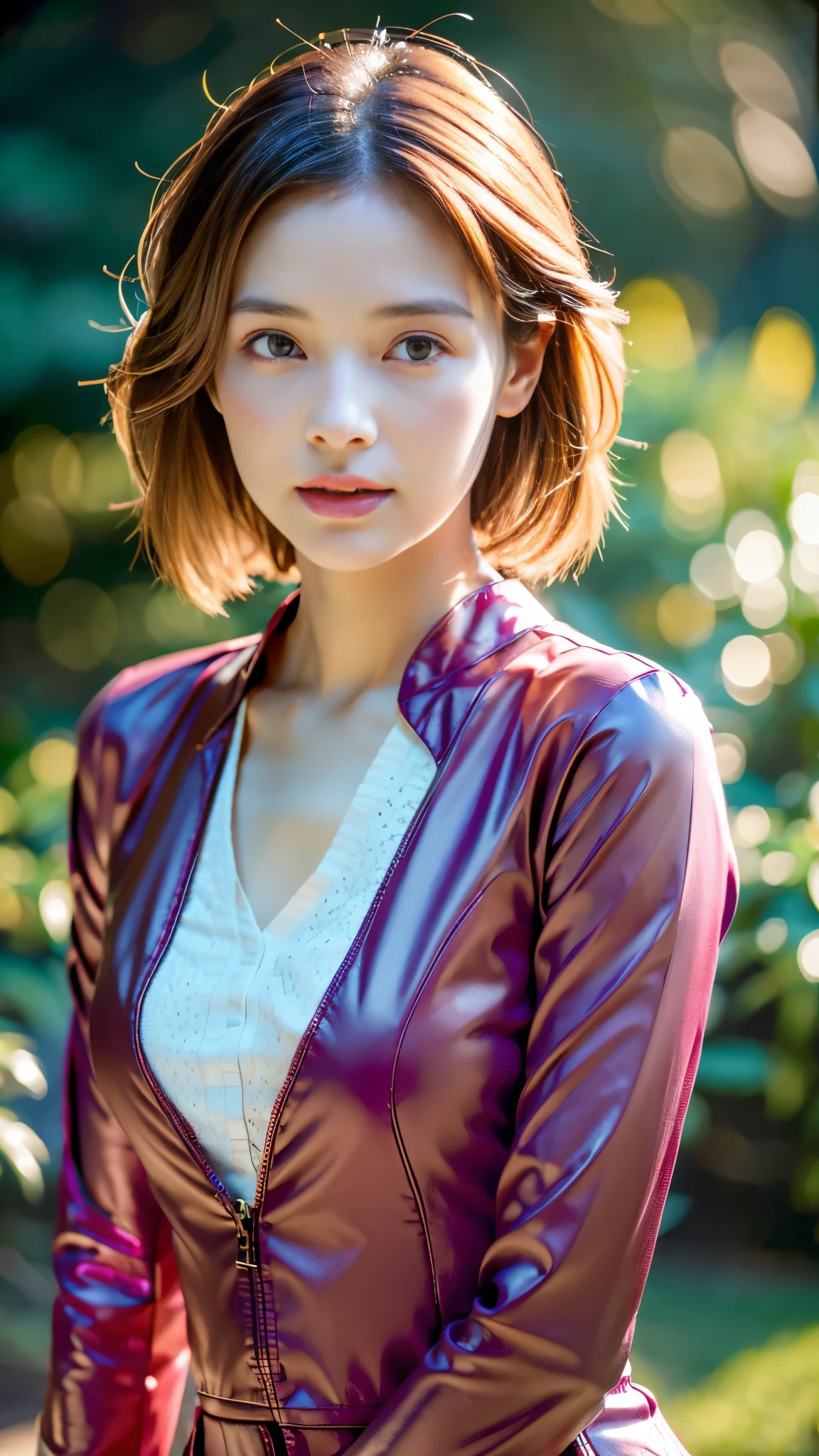 (sfw:1.5)、8K, masterpiece, RAW photo, highest quality, realistic, High resolution CG Unity 8k wallpaper, Depth of bounds written, cinematic light, Lens flare, ray tracing, (very beautiful face, beautiful lips), beautiful eyes) , intricately detailed face, ((super dense skin)) 1 girl, pink hair, dark shadow, cute idol, 1 girl, (Very slim and slender muscular body: 1.3), (( looking at the viewer)), (background blur), pink leather catsuit, ,face close up portrait,