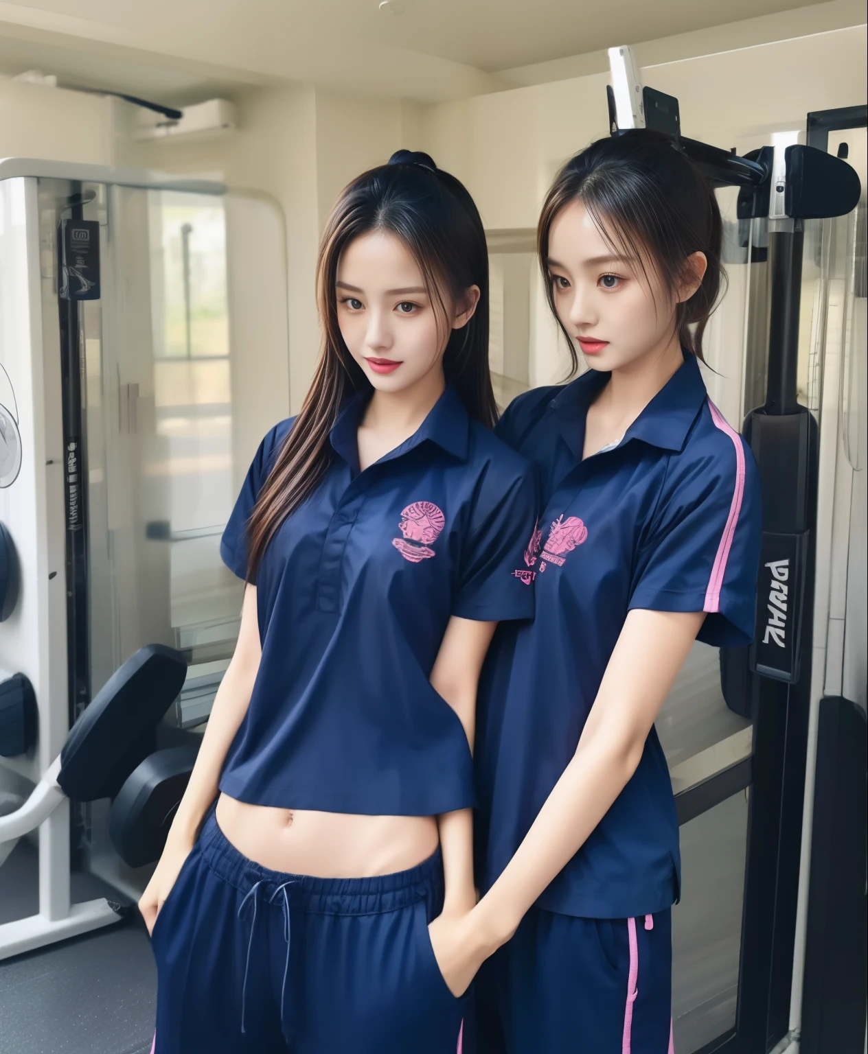 3 girls in fitness center, Navy blue short-sleeved shirt,Navy Long Trackpant,Sweatpants, Sweatpantsขายาว,25 year old girl, lesbian, sexy, exercise clothes, wet body, exercise clothes