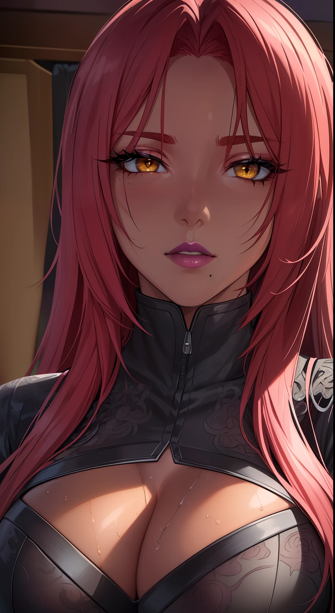 (masterpiece, High resolution, high quality:1.2), intricate details, cinematic lighting, sharp focus, Depth of bounds written, ingrid, 1 girl, mature woman, (浅black skinの女性:1.1), black skin, standing pose, fascinating expression, ((close up shot, close up of face:1.2)), looking at the viewer, Bedroom, Caring, fascinating, kind, [pink|red] hair, very long hair, hair intakes, compensate, lipstick, (mole under mouth:0.8), eyelash, yellow eyes, highly detailed eyes, super detailed face, super detailed lips, ultra detailed lipstick, ultra detailed compensate helloutfit, (turtleneck:1.1),