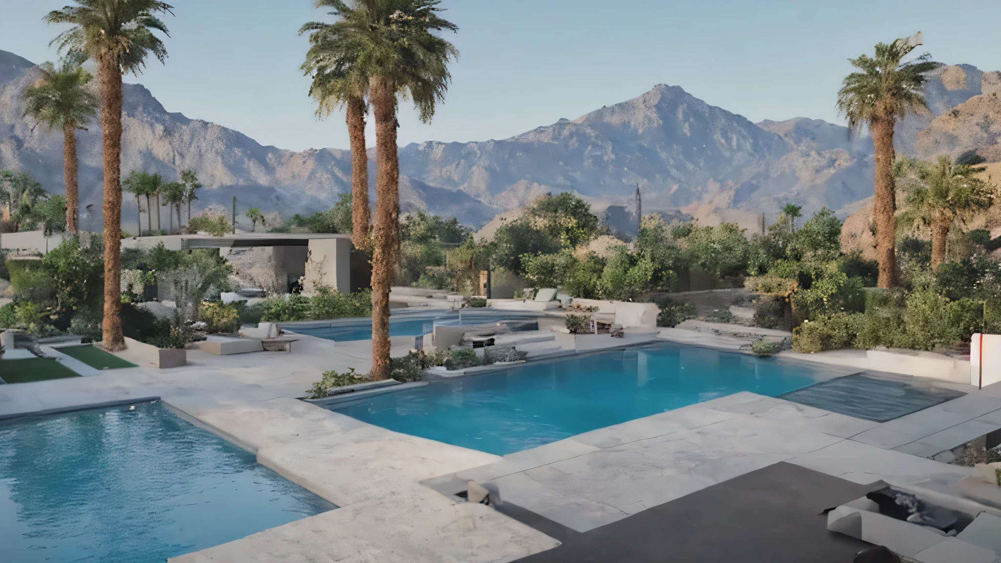 Ruins of a house with a pool and mountains in the background々nice view, spread out in the majestic々courtyard, contemporary masterpiece, detailed masterpiece, ((gta 5 screenshot house)), Located in a stunning outdoor setting, youtube video screenshot, architectural photography, masterpiece, a stunning masterpiece, Palm springs, Stunning moody cinematography, award-winning masterpiece