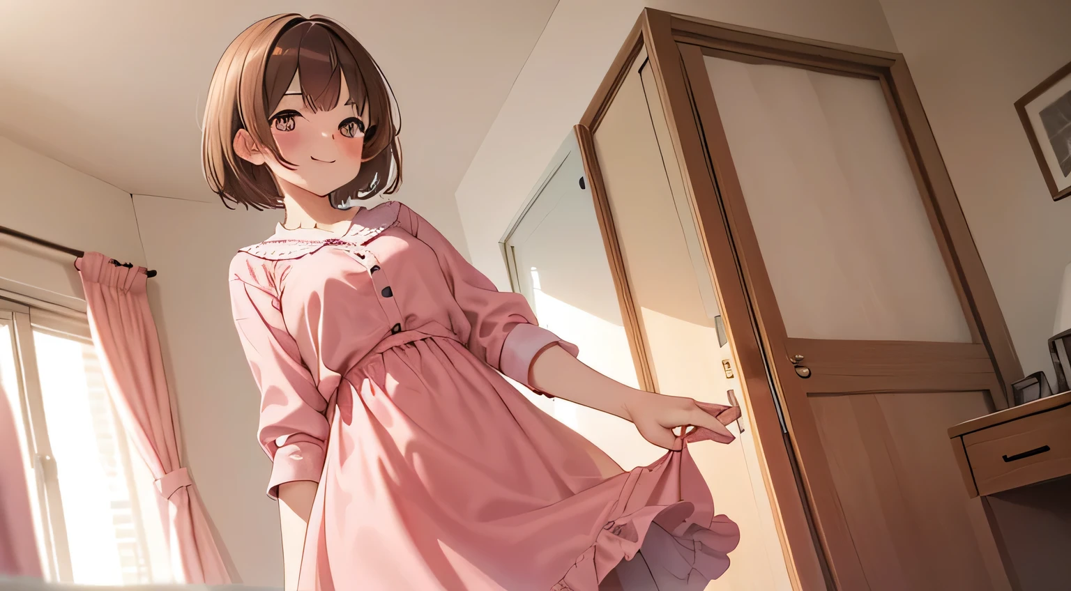 girl, high school student,alOne, One'Home, indoors, pink dress, ooking at Viewer, (cowboy shot:1.5), I have a round cake, facing the front, Jump up and down,brown hair,short hair, smile, blush, blurred background, curtain,Backlight