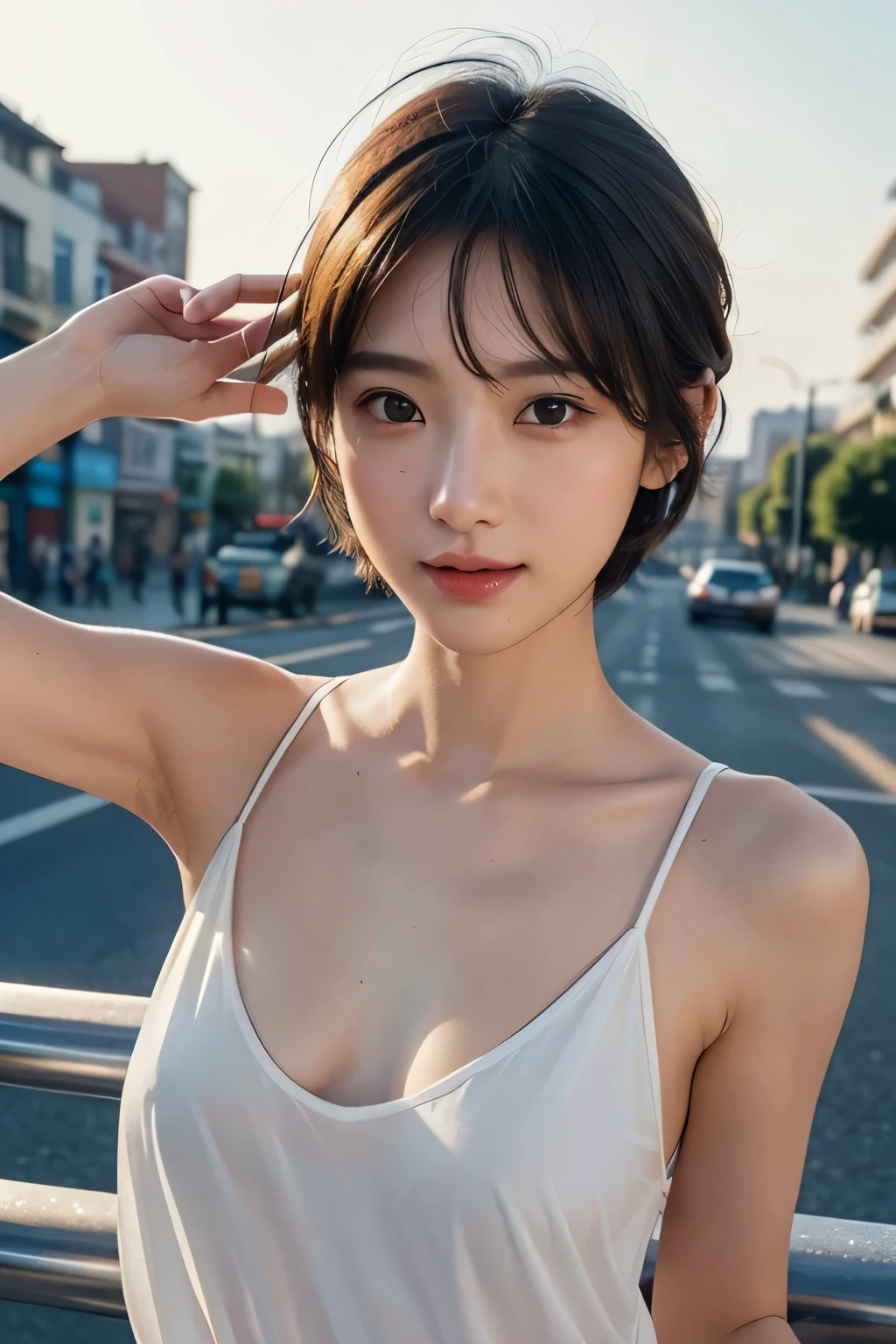 8k、High resolution、high nose、narrow eyes、skinny、no makeup、the face you show to your lover、sexy eyes、white skin、transparent skin、slimming、wrinkles around the eyes、Vertical plane、transparent skin、Idol、short hair、shiny hair、Fashion Model、small breasts、light that illuminates the front of the face、look at the camera、Eyes of the Upper Eye、Travel Photography、playful figures