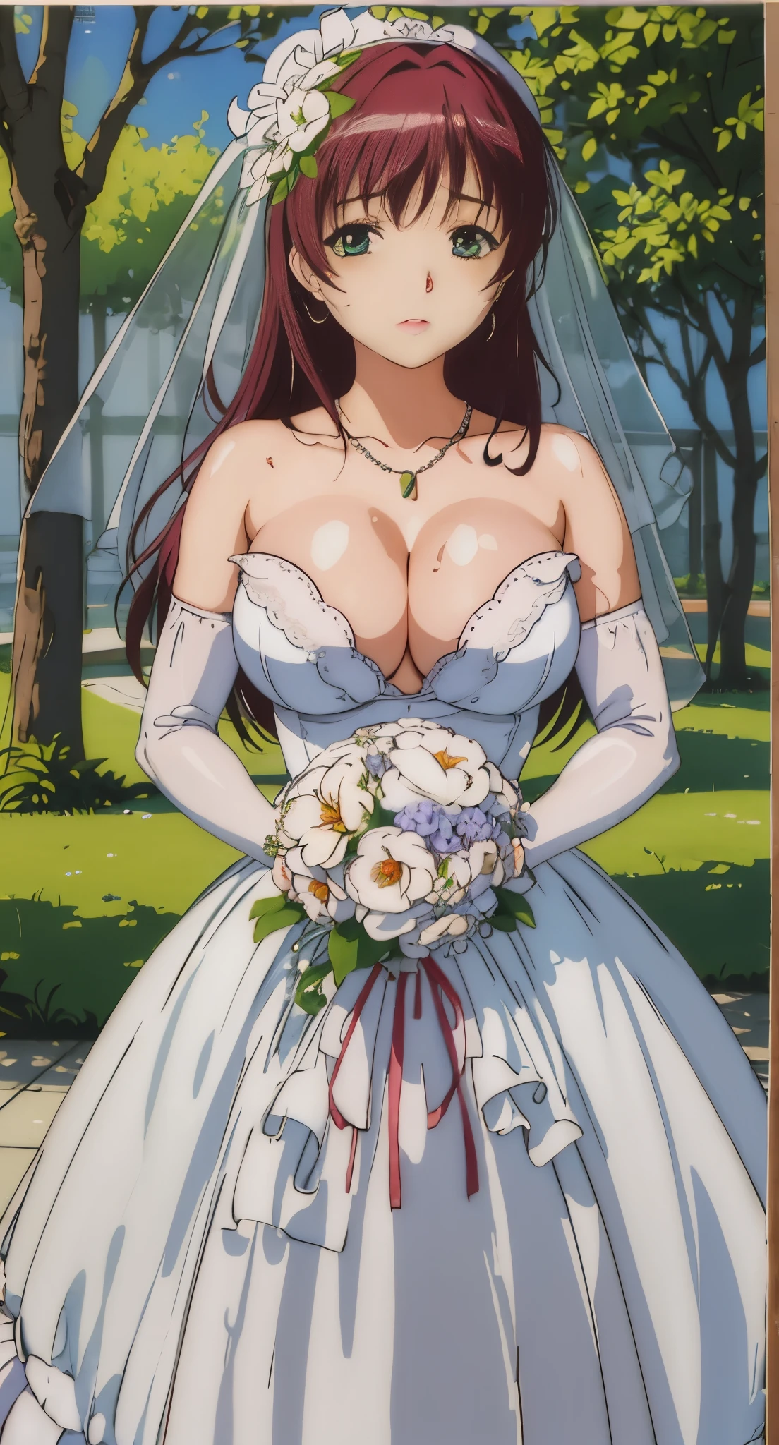 Akari_mizuno,
pink hair,green eyes, Bangs,long hair, 
1 girl, 20 years old,young women,Close-up of beautiful bride wearing beautiful bridal dress,Guwitz,（Keep your mouth shut：1.5）,Smile,Bridal makeup，Purple eye shadow,Double eyelids，pink blush，pink lipstick，（Transparent short veil：1.5），Blush，double-headed flower，headgear，（bandeau wedding dress：1.5），（Strapless wedding dress：1.5）,pure white dress，necklace，earrings，(large :1.3)，Deep V peach heart collar wedding dress，透过Bangs，（elbowgloves：1.3)，High detail RAW color art,