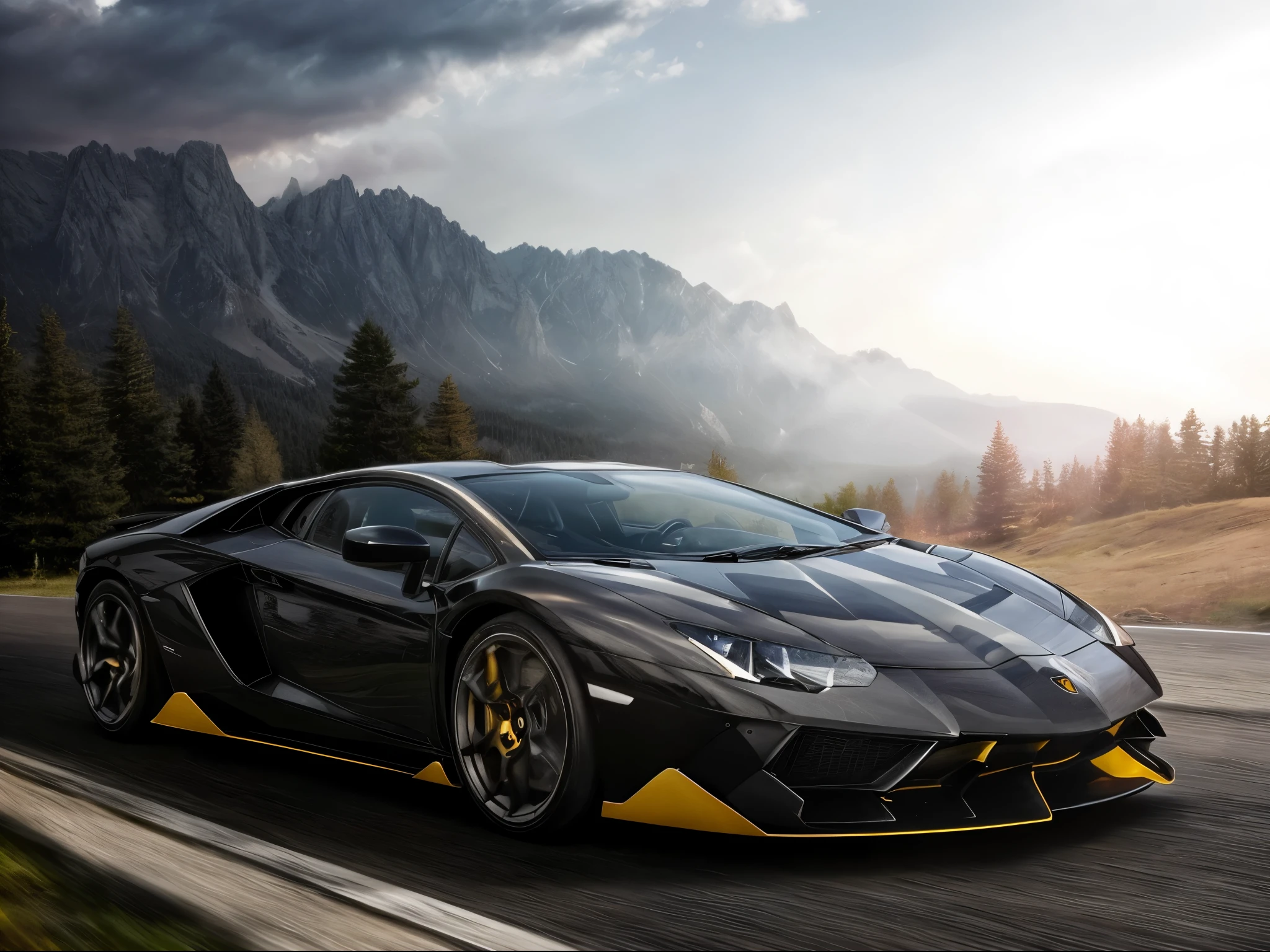 A black Lamborghini Aventador with yellow stripes and rims is parked on a curvy road in the Alps. The road is surrounded by green pine trees and rocky peaks. The sky is cloudy and dramatic, with rays of sunlight shining through the gaps. The car’s headlights and taillights are on, creating a contrast with the dark background. The car looks expensive and powerful, as if it is ready to speed away at any moment.