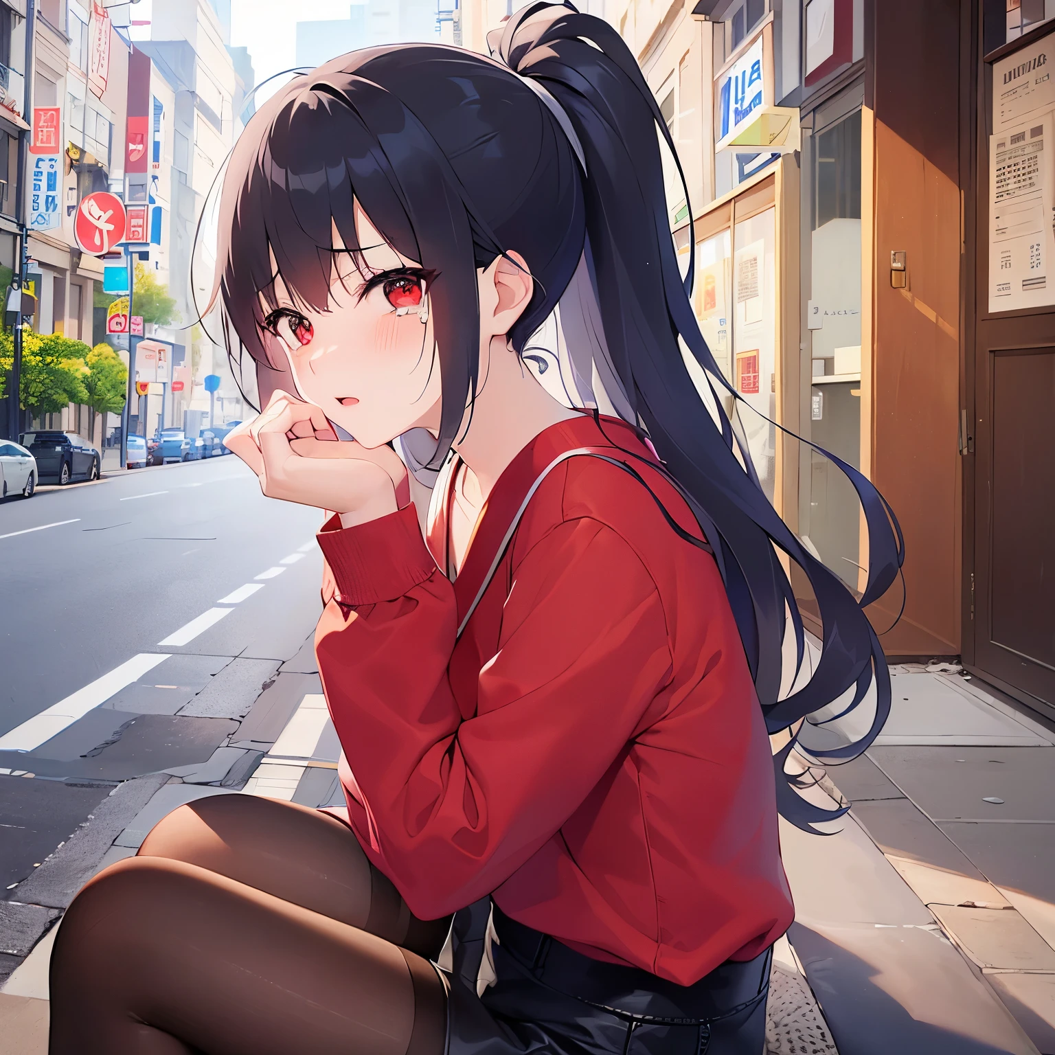 high quality、masterpiece、Upper Body, shiny skin, japanese idol、shiny hair、(25 year old woman with black bangs) and (ponytail) and (red eyes), Wearing a plain red shirt with long sleeves, (tears:1.3), The background is a café、sitting