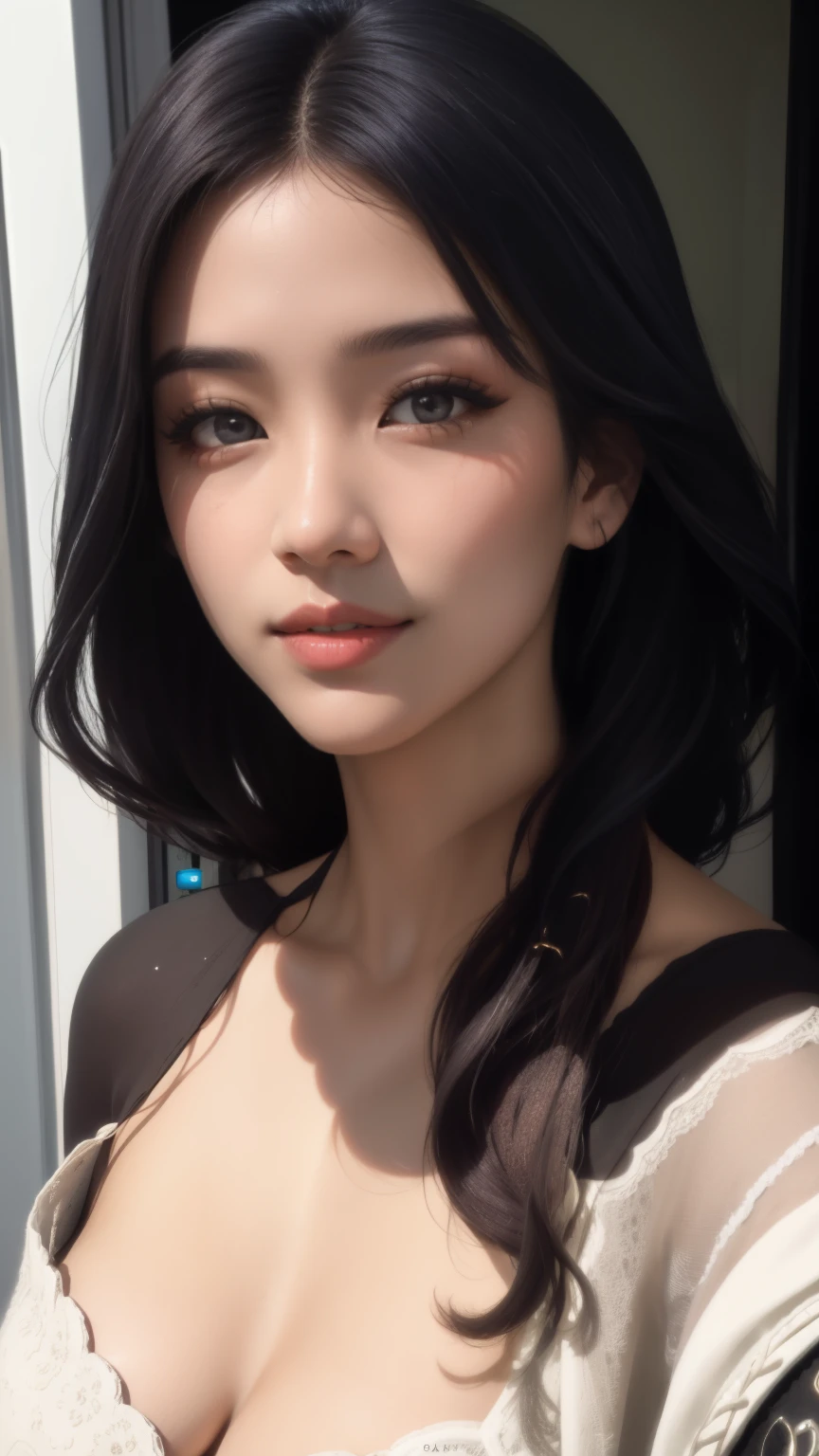 Jisoo do Blackpink: Jisoo has a charming and captivating appearance. Ela tem muito tempo, Cabelo escuro, which is often styled in an elegant and sophisticated way. Your eyes are big and expressive, with naturally bulky eyelashes. Jisoo tem uma tez clara e radiante, with soft and delicate features. Her smile is adorable and she has well-drawn lips. She is known for her classic and graceful beauty.1 garota, Sozinho, colorida, Ciberpunk, CIDADE, sinal de paz, brincos, Neon, beautiful lighting, purple reflection, cap, Foco no personagem, Computer graphics illustration, sexy, (calcinha trasparente, marcado, areganhada, pussy).