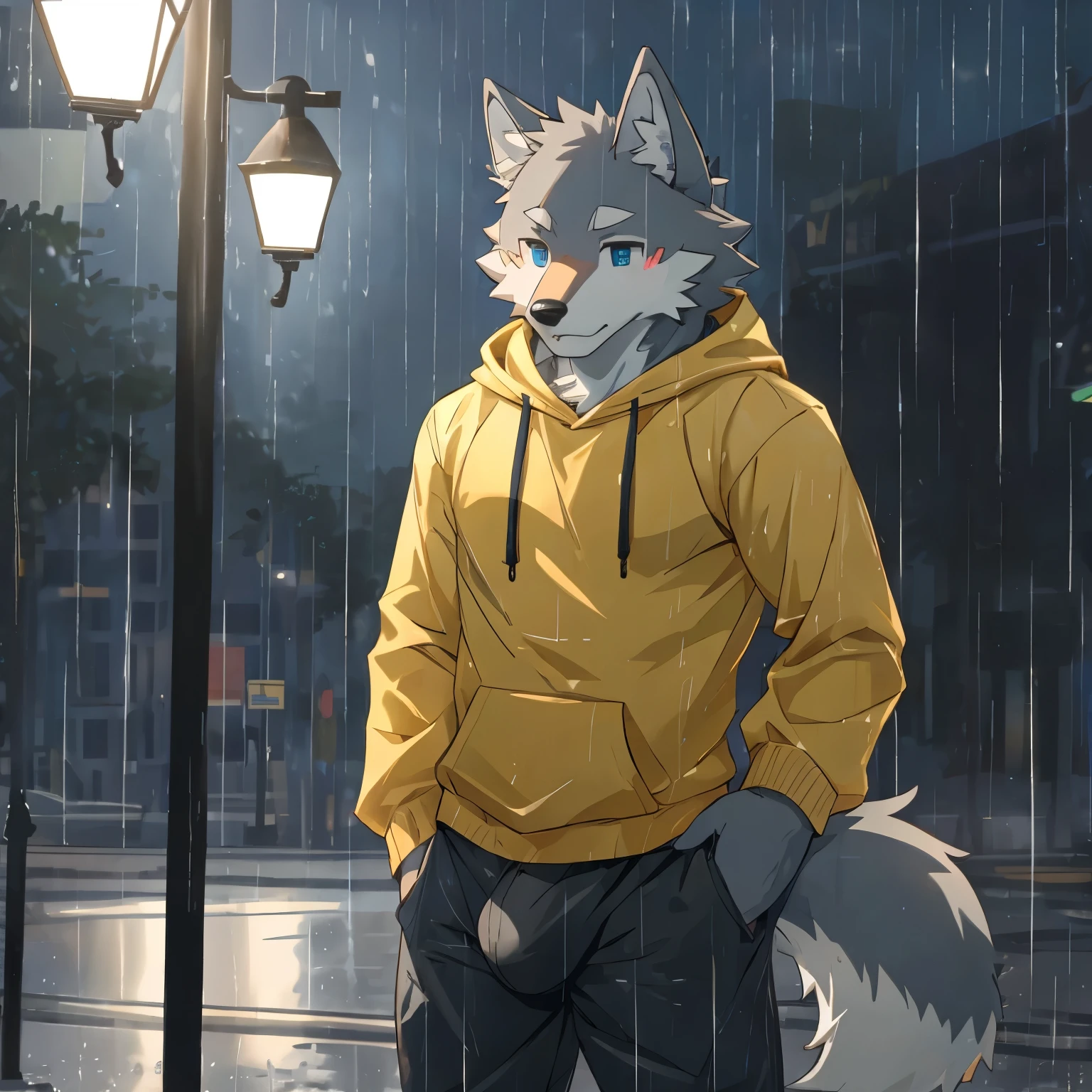 Male wolf, kemono, gray fur, light gray, blue eyes, cute face, handsome, blep, wearing yellow orange hoodie, small bulge, outside, raining, street light, night, pantsed, blushes, wolf sheath, canine red cock