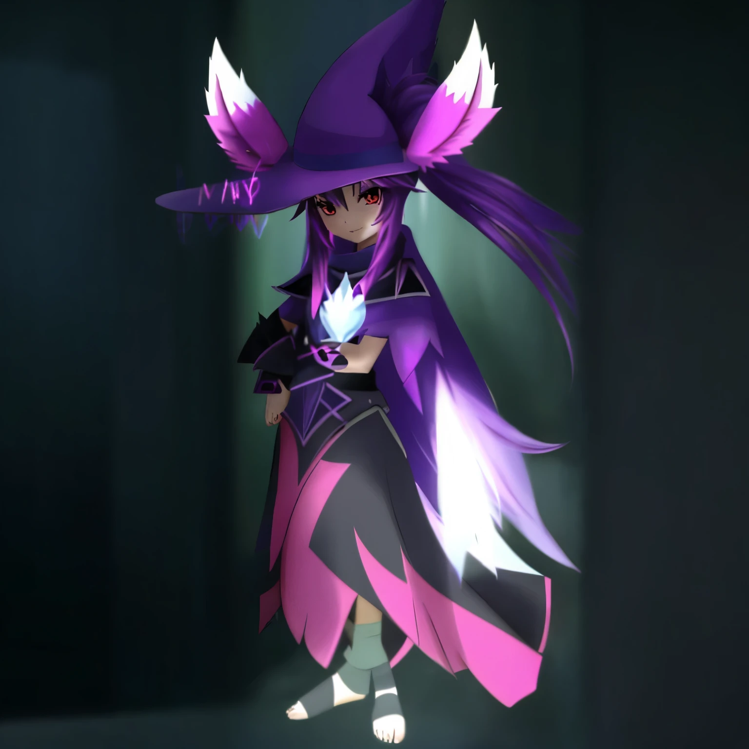 a close up of a cartoon character in a purple hat, dark fox mage, black magician girl, mystery pokemon, zorua pokemon, spellcasting pose, darkness aura, lucario, fursona, dark witch character, sylveon, vivy, elokitty, lucario from pokemon, glitchcore witchcore, arcane art style, magical shiny skin, katress from palworld, make it anime styled, make it like a drawn character, make it unique