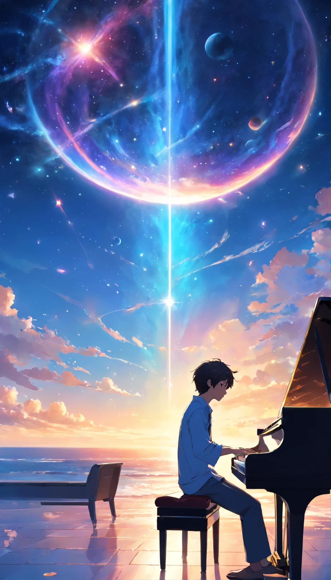 boy playing piano in space　Vision、、High resolution、super detailed、The upper half represents the universe、Below is the sea、bright atmosphere、fantasy、magic、big、Daylight hours、clean blue sky、shining sun light、Prisma、beautiful lighting、bright lighting、soft lighting、たくさん輝くmagicの光、Iridescent light、(spark:0.7)