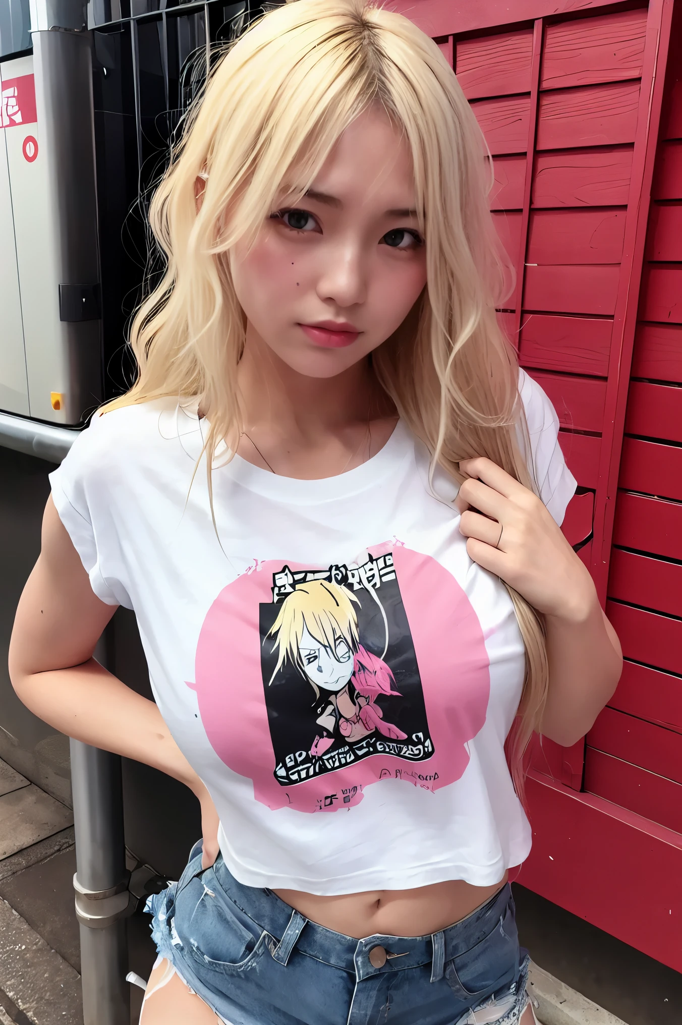 (1 girl),large chest, chest, tan, wet skin, sweaty skin, wavy blonde hair, punk t-shirt, punk girl、japanese women、cute