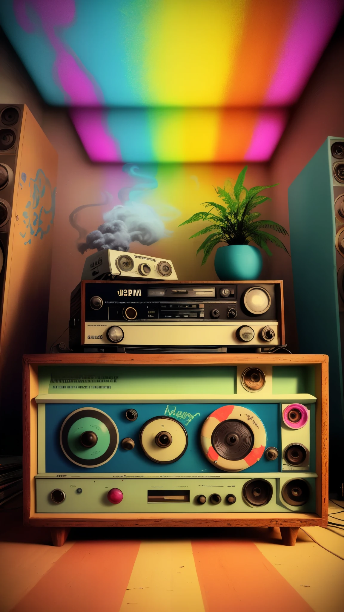 On the table,simple 3D rendering,80s radio,weed,hippie vibes,(best quality,4k,8k,highres,masterpiece:1.2),(realistic,photorealistic,photo-realistic:1.37),colorful,retro style,wooden table,vinyl record player,vibrant colors,smoke swirling,green buds,purple haze,peaceful atmosphere,euphoric feeling,psychedelic artwork,calming aura,radio dials,tape cassette,glowing neon lights,old-school boombox,flower power,relaxing tunes,groovy patterns,laid-back mood,record collection,magical ambiance,vintage aesthetic,lo-fi beats,vibrant graffiti,clouds of smoke,hippie paraphernalia,indoor plants,funky posters,psychedelic visuals,positive energy,nostalgic vibes,relaxation and bliss.