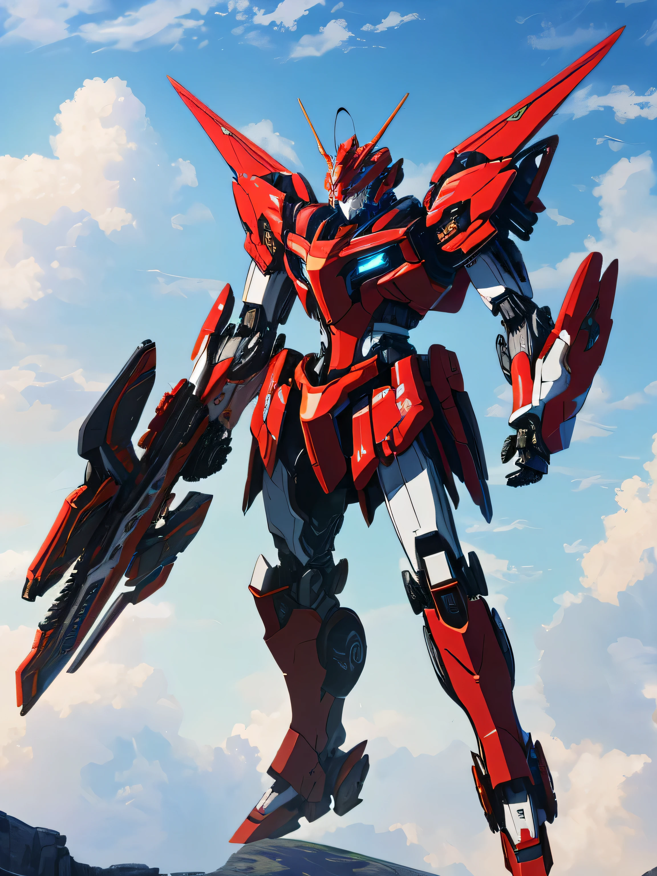 unorganized solution, High resolution, (masterpiece: 1.3), hyper detail, Mecha, Red armor, floating in the sky (1.8) Against the background of blue sky and white clouds