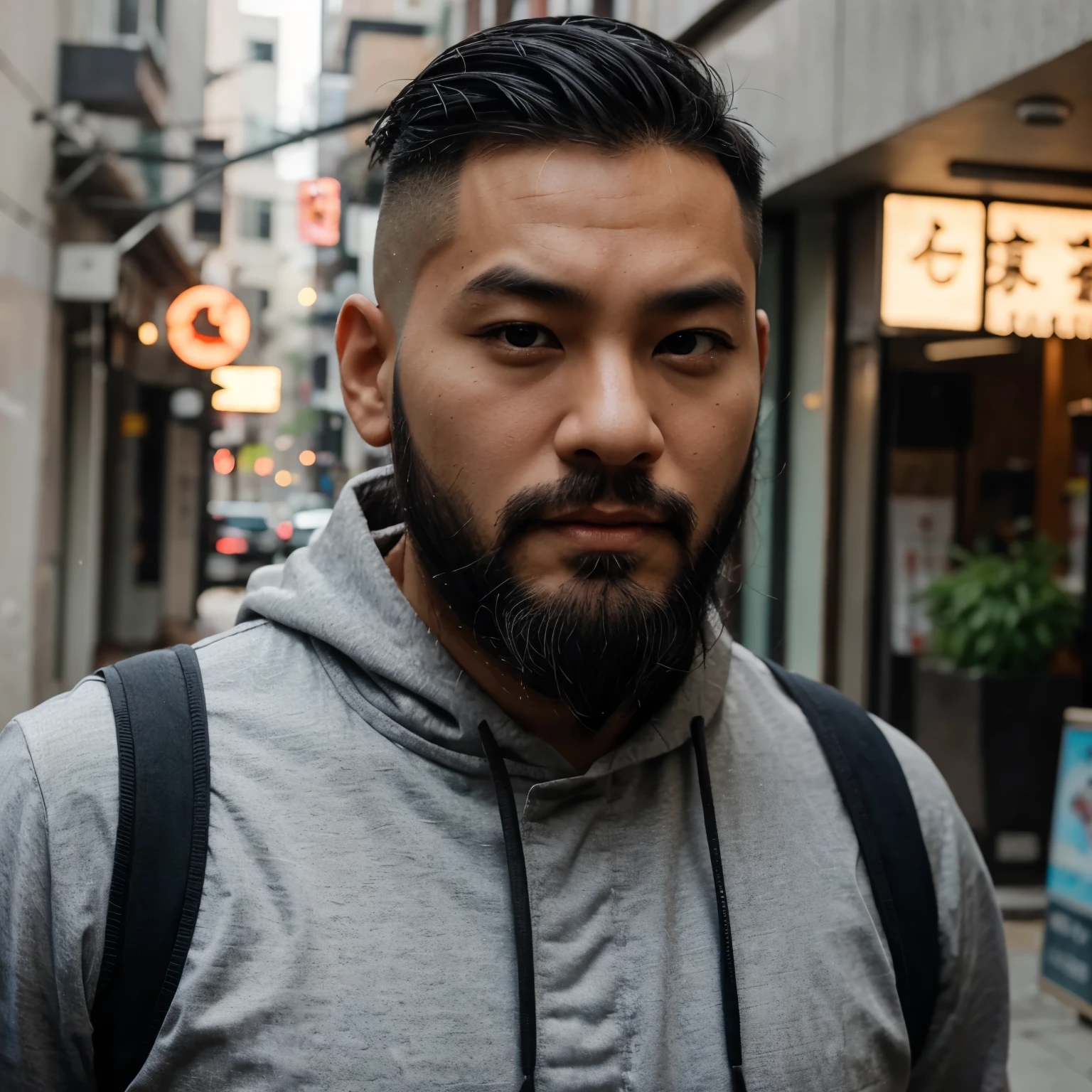 An Asian man with grey hair and eyes with an undercut hairstyle with a long, bushy and poofy beard