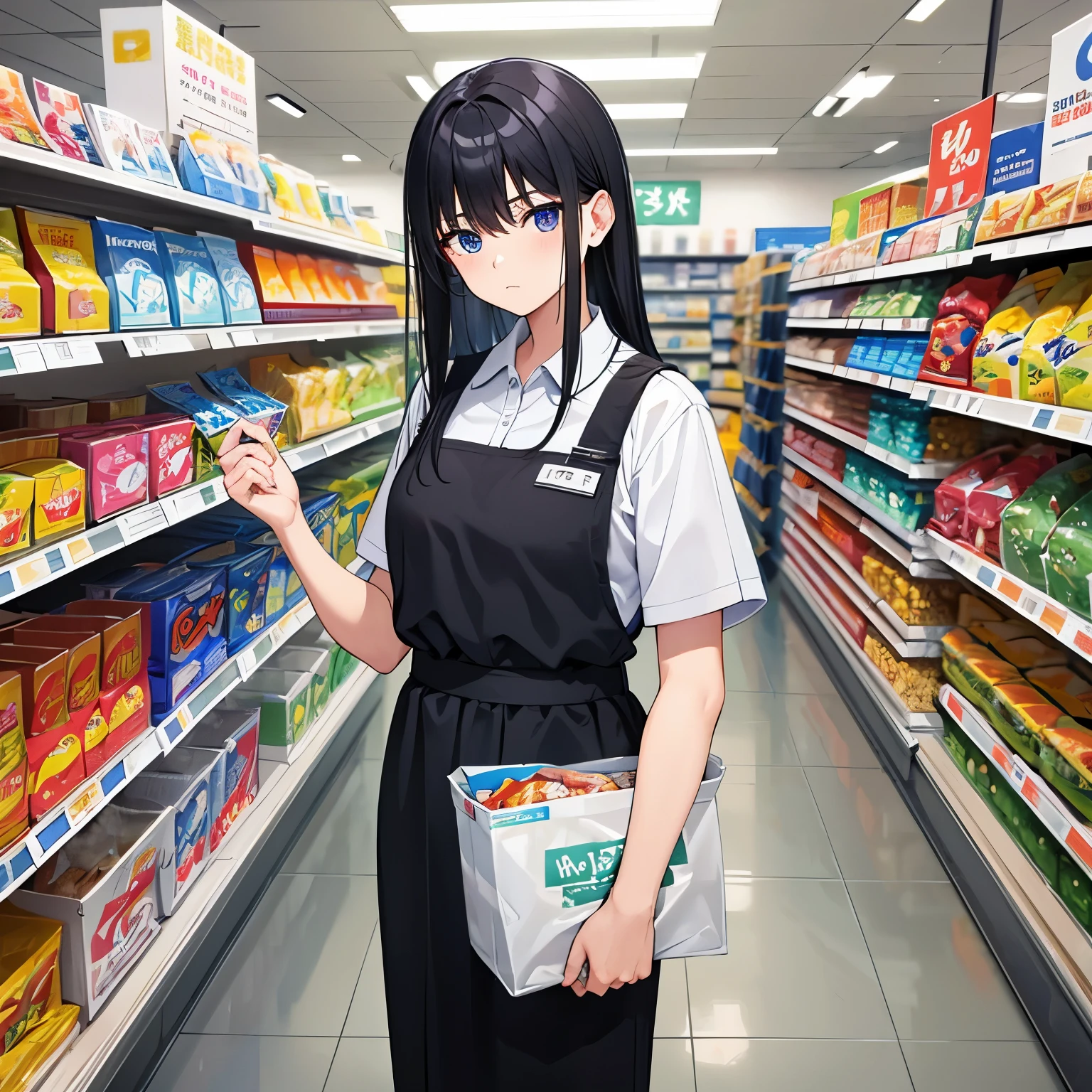eye color is blue　17years old　1girl　hair color is black　hair length is medium　No expression　Are standing　supermarket clerk　work clothes