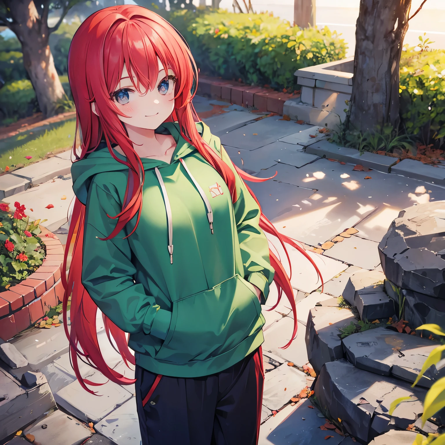 Pygmy   gentle expression(smile) Red hair(long hair) pupil(green) Clothes(hoodie) pants(half pants)