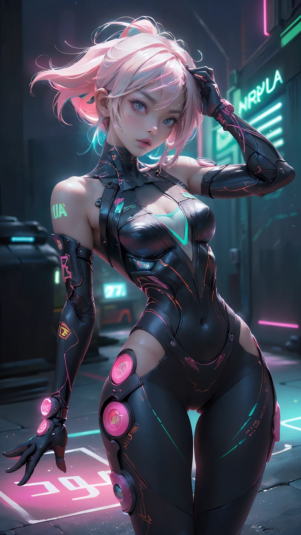 (La mejor calidad,A high resolution,Ultra - detallado,actual)、Mirai, ciberpunk、big glutes、arrodillarse、Electronic visor attached to the face of a  with emphasis on the buttocks、(minifalda mostrando bragas Blanco:1.4)  ,Mirai Red latex body,Moda cyberpunk、pose sexy、(Usar polainas amarillas en la parte inferior del cuerpo、Agrandamiento de los senos、(background Neon lights in the dark city at night:1.4),Motor irreal:1.4,HD,La Mejor calidad:1.4, fotorrealista:1.4, textura de la piel:1.4, Obra maestra:1.8,Obra maestra, Mejor calidad,（hermosos ojos azules ）,( neon pink cyborg),(perfect anatomy :1.4 ),ciborg Mirai bodysuit white,(Mirai:1.4),