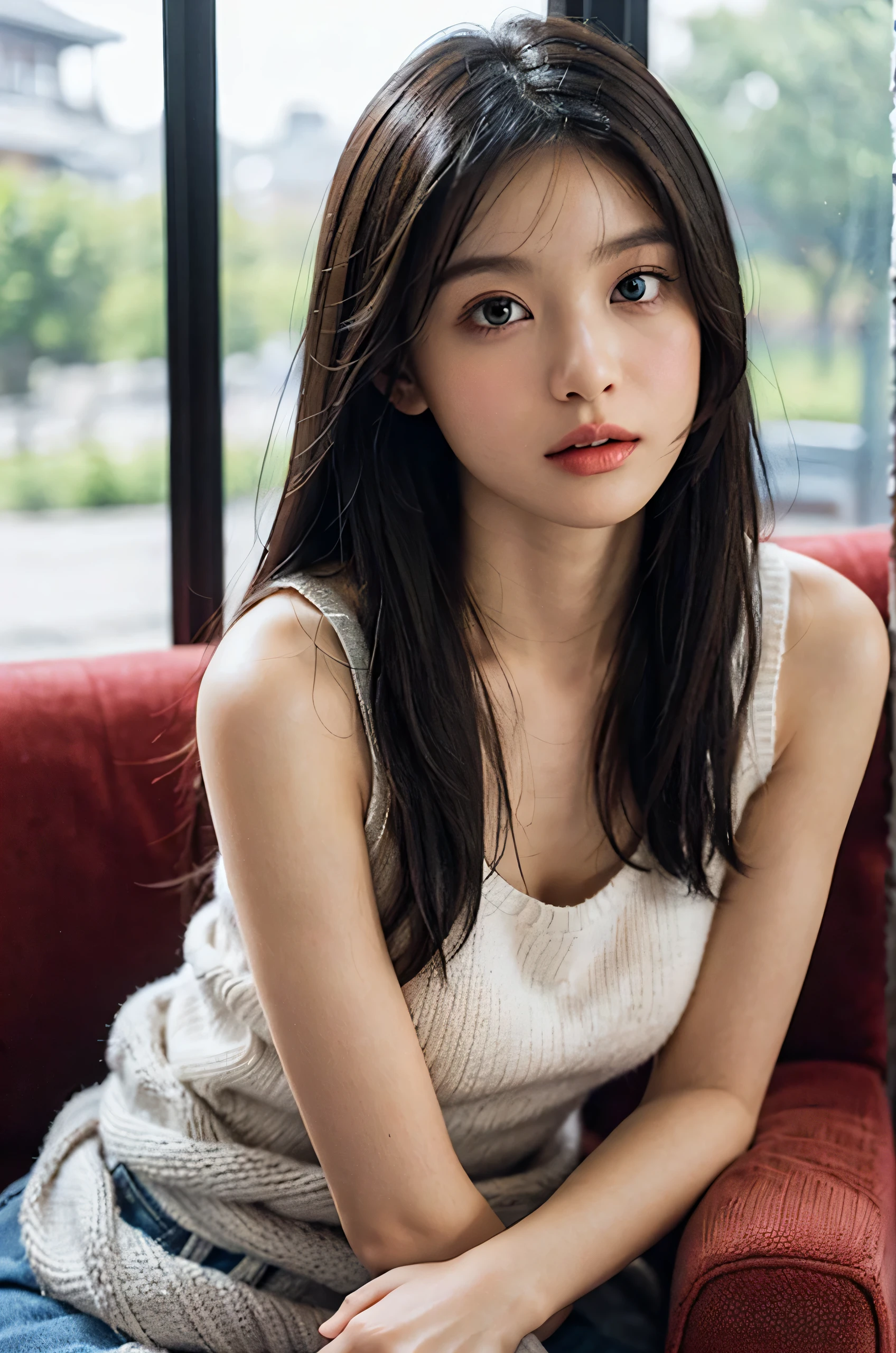 (masterpiece, Super detailed:1.4), 1 girl,sitting on a cozy sofa, By the window of the café, soft light, (beautiful japanese woman, (Fair skin)), ((super focus eye, Super detailed eyes), Big eyes, clear eyes), (White sleeveless knit:1.4), (big breasts, firm chest:1.4), Big breasts, (thin neck, thin waist, thin arms, narrow shoulders), (vermilion red squirrel, close your lips:1.3), beautiful simple makeup, (black long hair, moist straight hair), (small head:1.4),