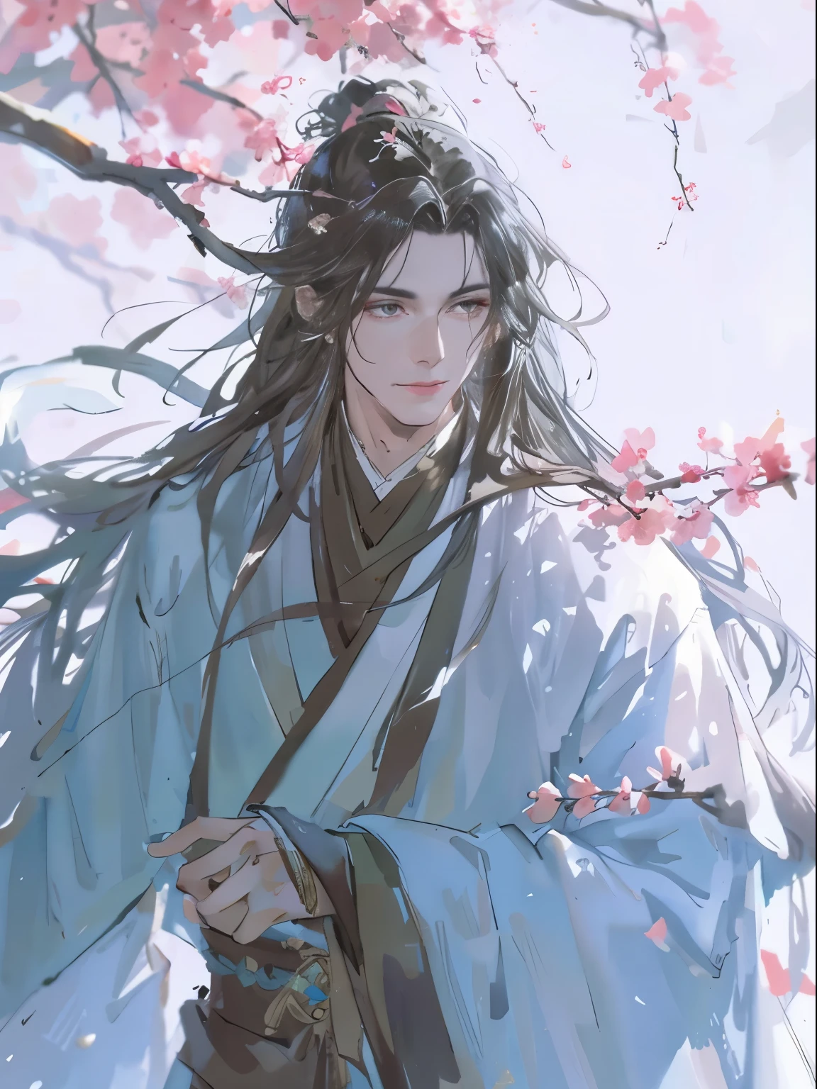 flowing sleeves,Big watery eyes and long eyelashes,Smooth and fair skin,delicate face,Clean long black hair,Handsome guy in ancient China,Wearing ancient Chinese costumes,flowing tulle,light tone,(under a sakura tree),ink painting style,clean colors,unarmed,masterpiece, Super exquisite,epic work,high quality,best quality,4K, Rendering a glow,bright contrasting colors
