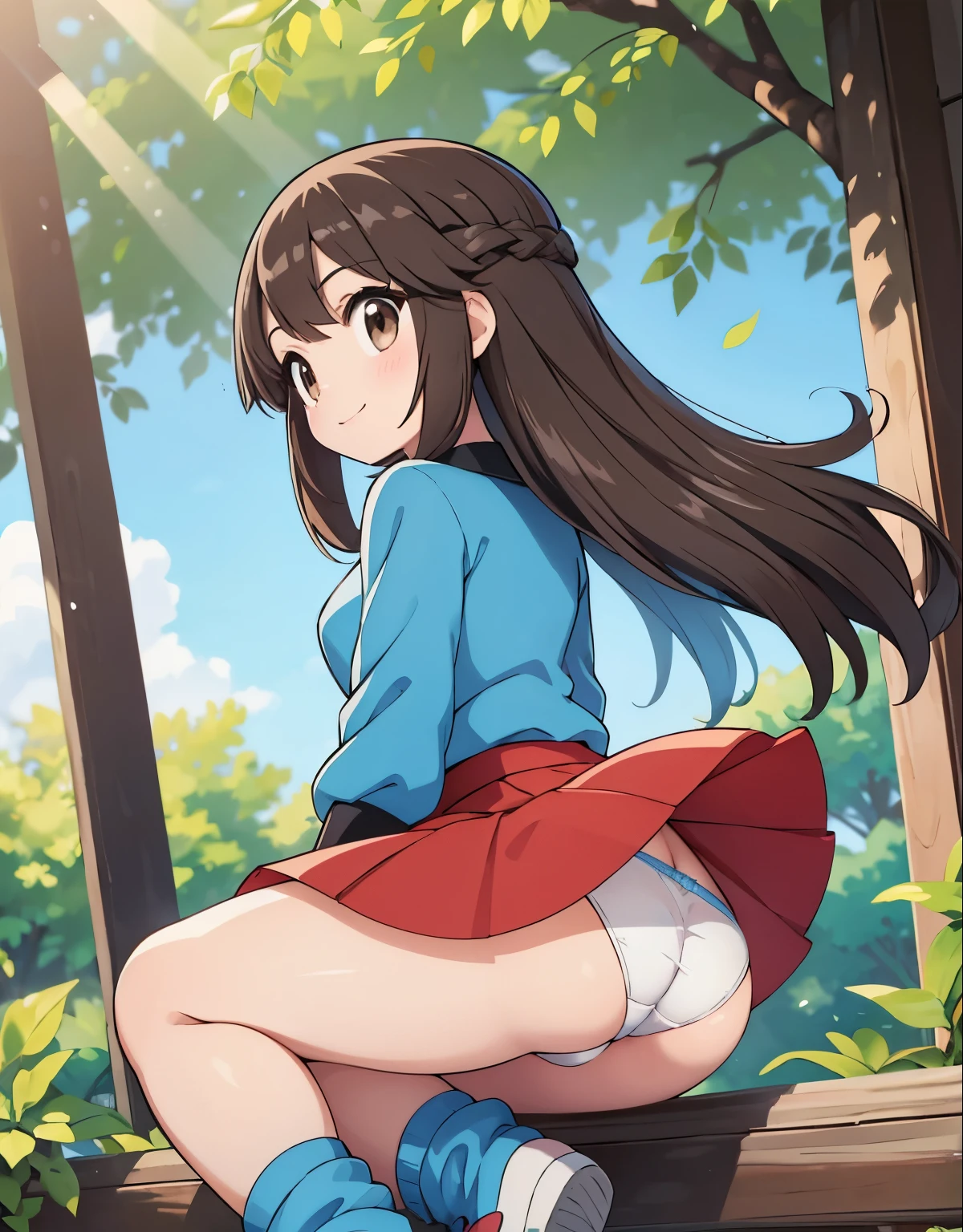 pokemon leaf, leaf, visible thighs, sitting, red skirt, blue shirt, brown eyes, loose socks, white footwear, smile, upskirt, white panties, walking, body shape, chubby thighs, wide hips, holding a pokeball, looking at camera, back shot, from bihind, oil painting, detailed brushstrokes, vibrant colors, shadow and light, high contrast, vivid scenery, textured background, realistic features, flowing hair, intricate details, dynamic pose, natural surroundings, sunlight filtering through trees, peaceful atmosphere, expressive eyes, playful expression, cute and lively, youthful energy, graceful movements, delicate skin texture, intricate patterns on clothing, harmonious color palette, serene and enchanting,  (best quality, 4k, highres, masterpiece:1.2), ultra-detailed, realistic:1.37, professional, vivid colors, concept artists style, soft light, vibrant colors, dusty pink color tone