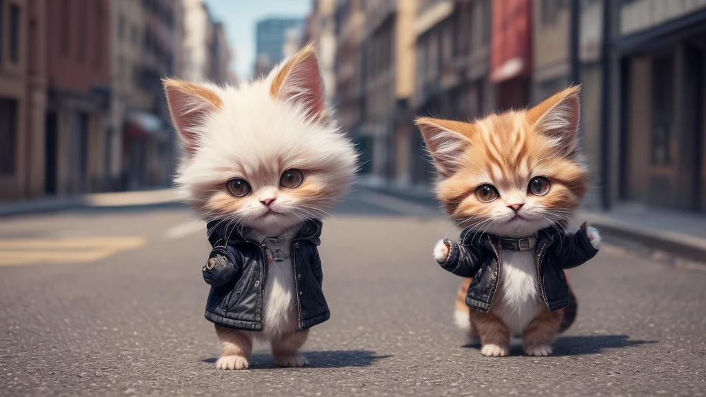 (8K, Raw photography, Best Quality, masterpiece: 1.2), high-definition RAW color photography, Professional Photography, Realistic coat,hans on pocket,Hachire cat,1 cat,  an adorable kitten,White fur from the mouth down,downtown backgroundRed hair from the nose up and black striped pattern,Sharp face,(Stand on two legs:1.3),
