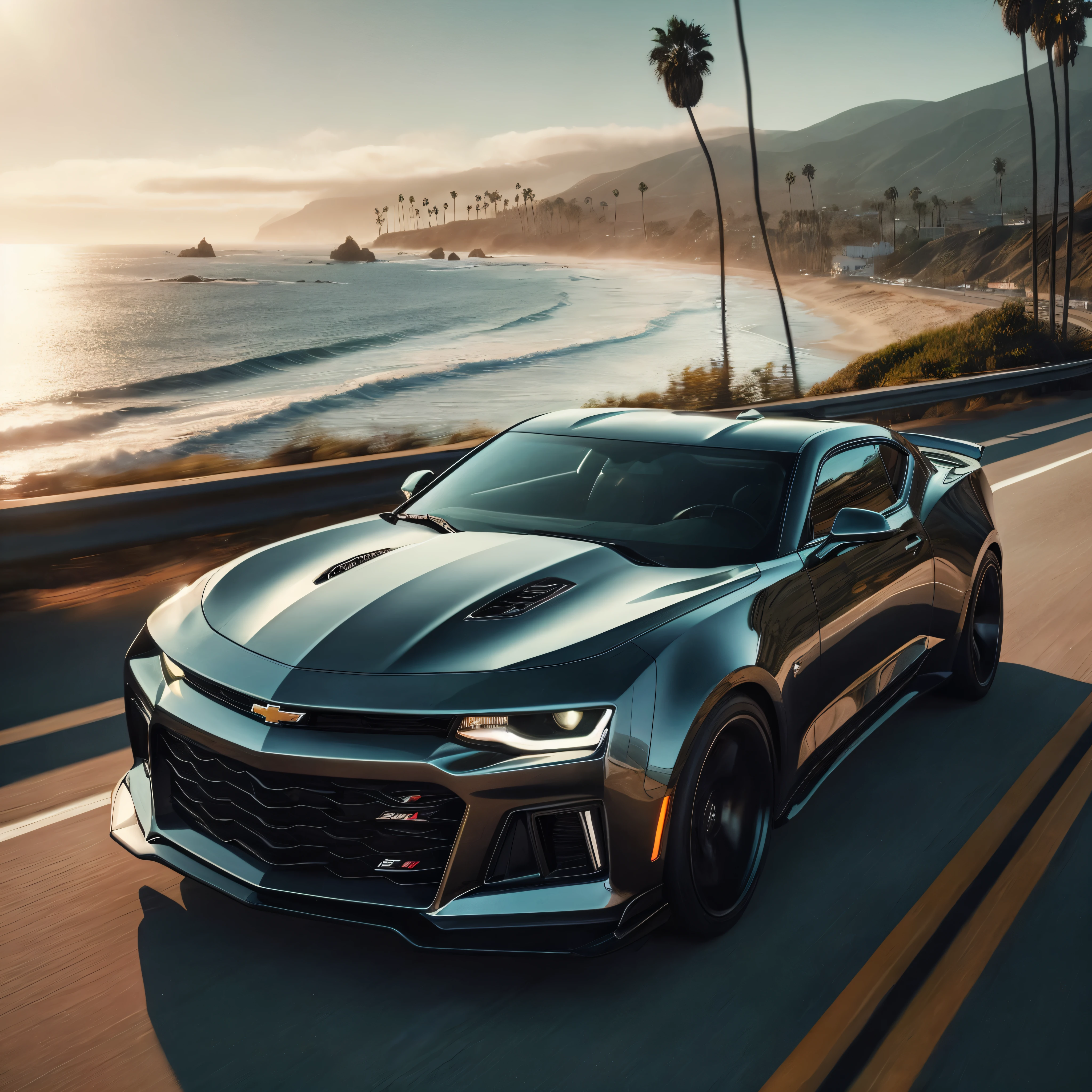 A Chevrolet Camaro ZL1 cruising down a scenic coastal highway with the Pacific Ocean sparkling in the distance. tinted windows. Palm trees sway gently in the breeze.