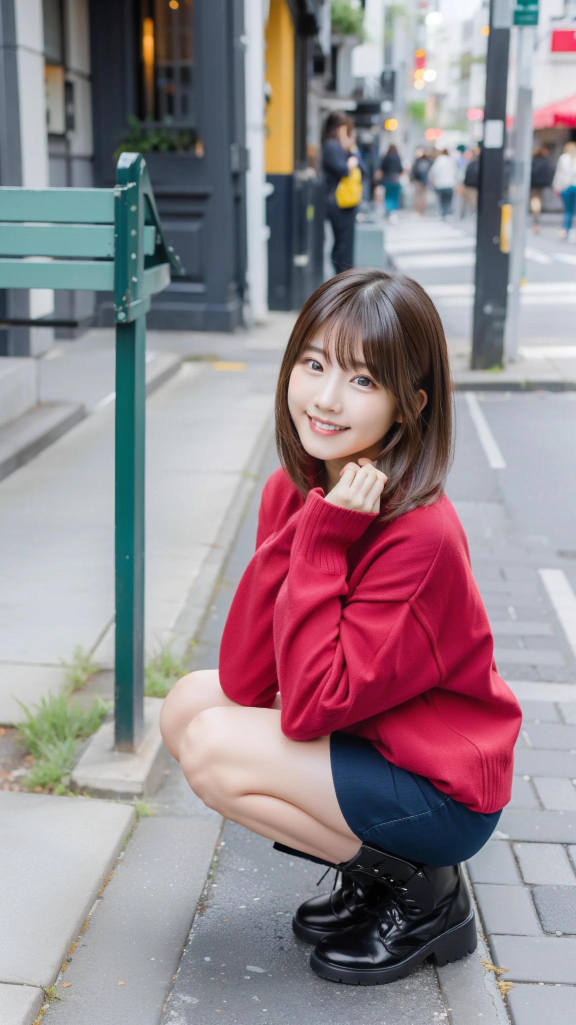 Photo taken by a professional photographer，laughter:1.5，Close-up of a 30-year-old Japanese woman squatting on the sidewalk, wearing a sweater, Short-cut brown hair, hair is disheveled，young and cute girl, Wearing a super super super super super super super mini skirt:1.5，Wear stylish boots，sit on a park bench:1.5，Fancy makeup with red eyeshadow，Beautiful thighs are visible，looking at me，Low - Angle，