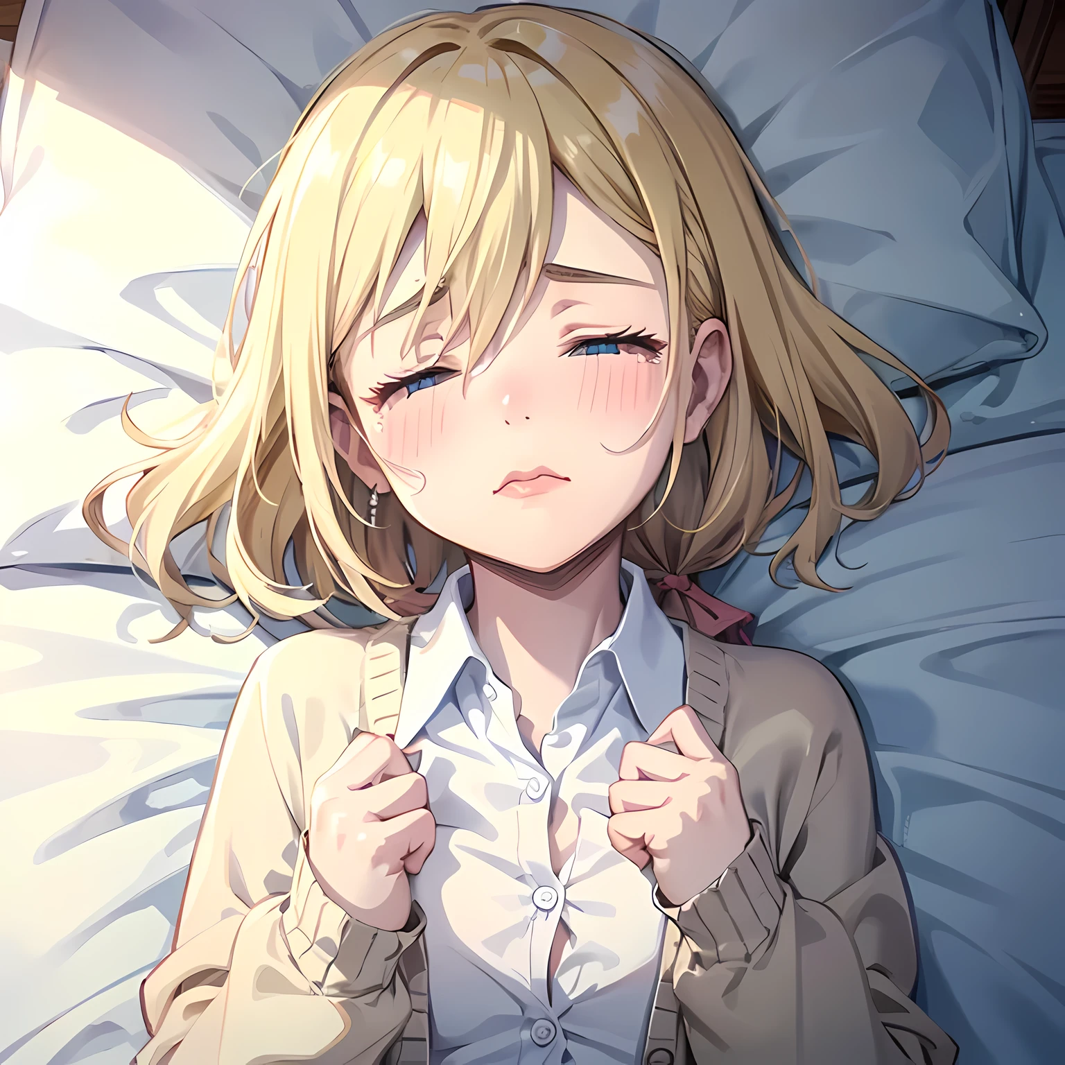 (masterpiece, highest quality),
1 girl, behind, From above, Upper body,, BREAK girl puts her hand on her chest, History, 12, blonde hair, medium hair, Low ponytail, hair between eyes, beautiful detailed blue eyes,
female orgasm, (close your eyes:1.3), closed mouth,rape face,(wavy mouth:1.3),((:<):1.2), tears, blush your nose, heavy breathing, head tilt,sweat BREAK uniform, (white collared shirt:1), long sleeve, bow tie, (unbuttoned cardigan:1.2), beige cardigan, sleeves go over wrists,
Rest in bed
