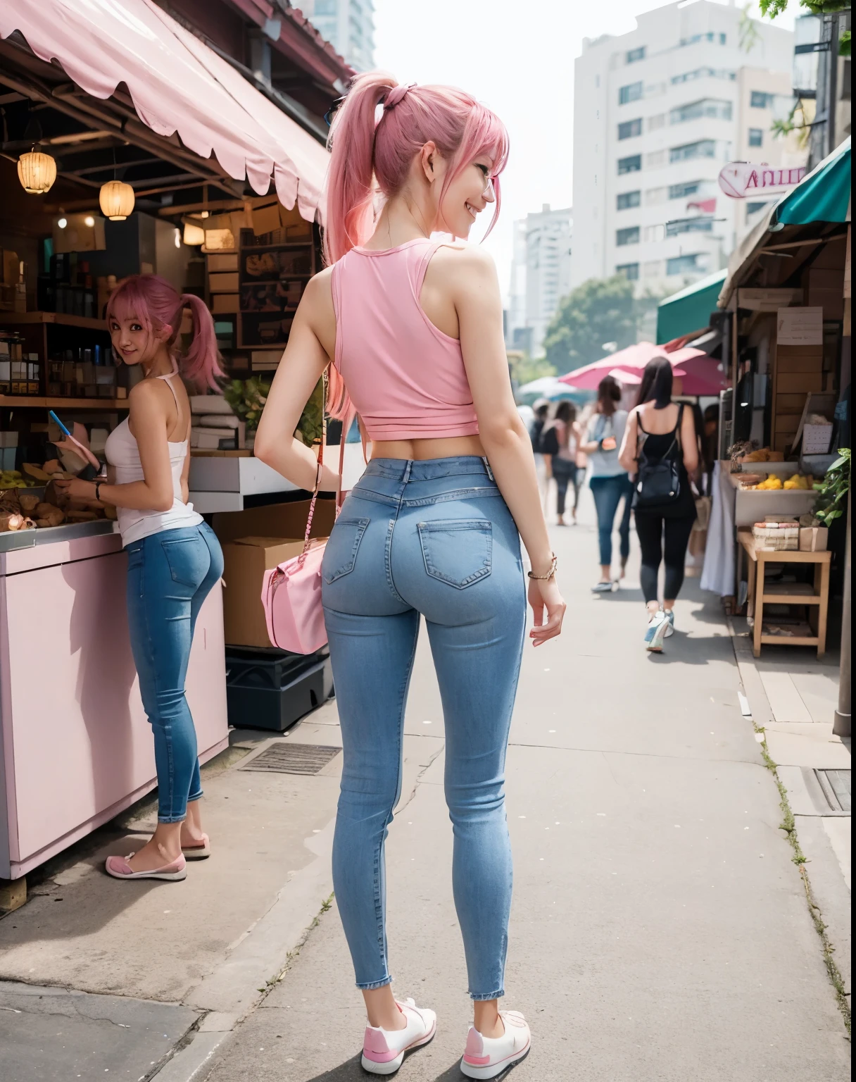 (((full body)))Beautiful Asian girl, turn to back pose , pink hair, long hair, pony tail, skinny body,messy hair, wear a pink pastel tank top, short jean, smile,At market,