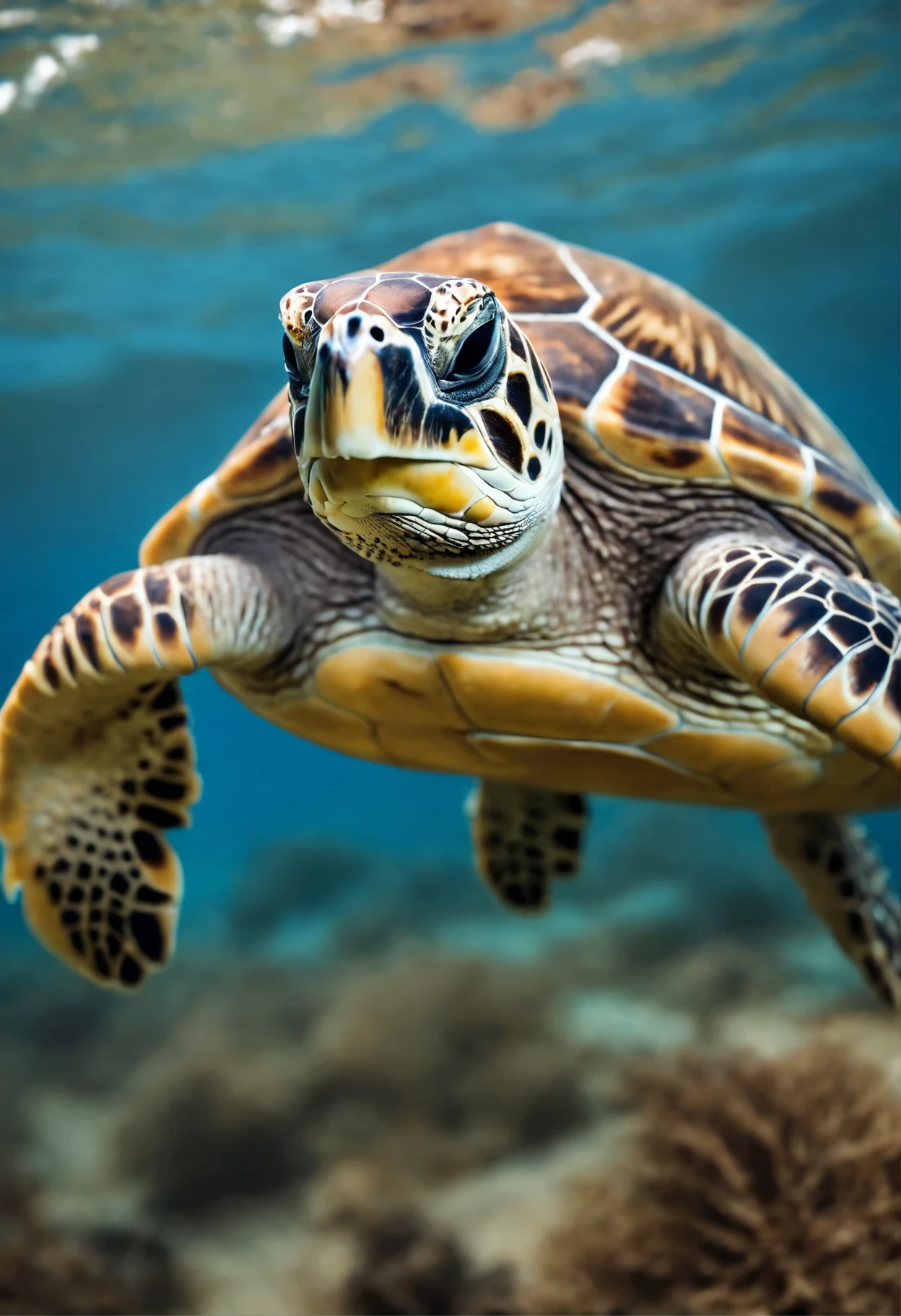 a sea turtle swimming underwater. It has a brownish shell with a pattern of lighter and darker brown sections. The turtle's skin is a pale color with darker spots, and its flippers are spread as if it is gliding through the water. The background is a gradient of blue, suggesting the depths of the ocean. The turtle's eye is visible, and it appears to be looking slightly towards the viewer.