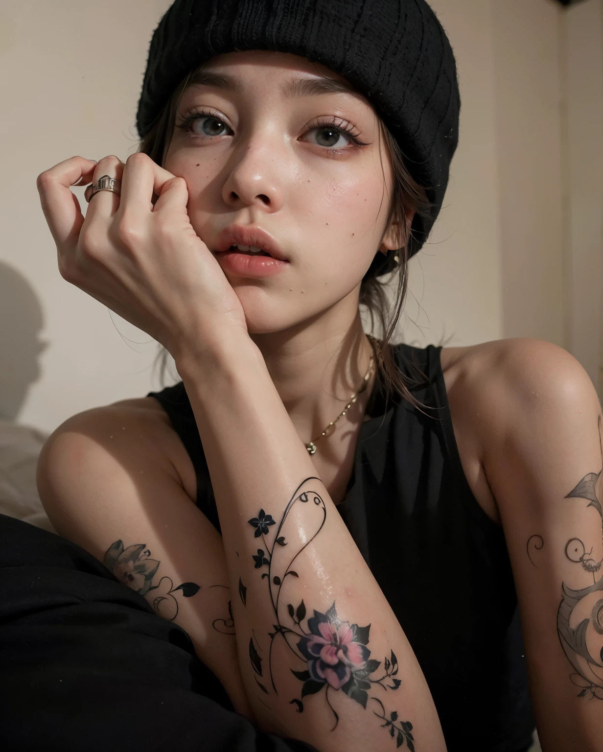 puffy woman with a tattoo on her arm and a black hat, of taiwanese girl com tatuagens, com tatuagens, 🤤 retrato de , com tatuagem facial, Ulzzang, tatuado, estilo de tatuagem,  coreana, Jinyoung Shin, Heonhwa Choe, taejune kim, semi realismo, her face looks like an orchid, anime vibes, imagem de perfil