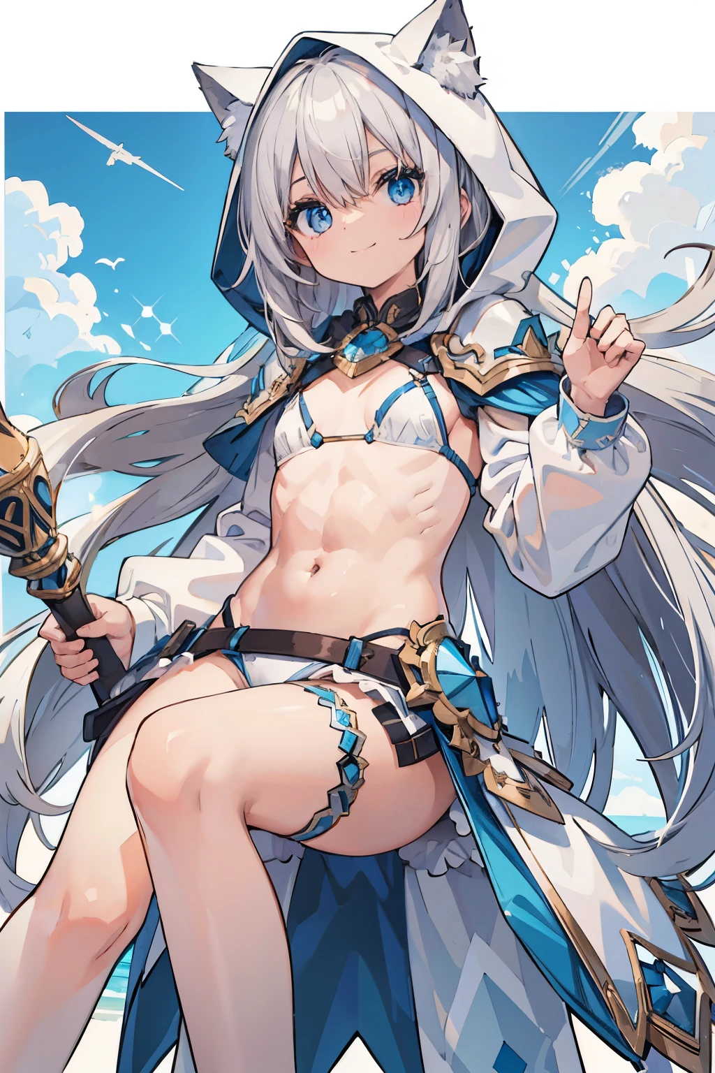 Bondama　silver hair　noble long hair　Raking up hair　Vtuber wearing a hood　Abs Six Pack　brown skin　　blue eyes　eyes like diamonds　fluffy　White Bikini Armor　smile