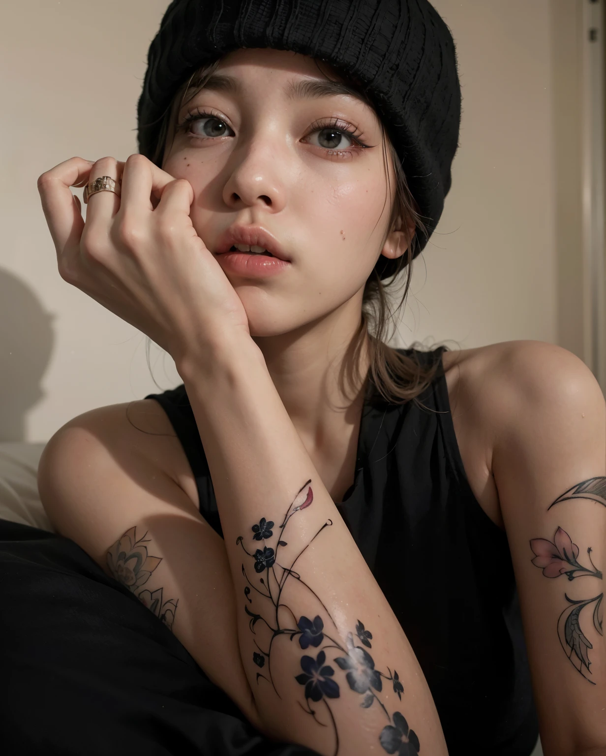 puffy woman with a tattoo on her arm and a black hat, of taiwanese girl com tatuagens, com tatuagens, 🤤 retrato de , com tatuagem facial, Ulzzang, tatuado, estilo de tatuagem, coreana, Jinyoung Shin, Heonhwa Choe, taejune kim, semi realismo, her face looks like an orchid, anime vibes, imagem de perfil