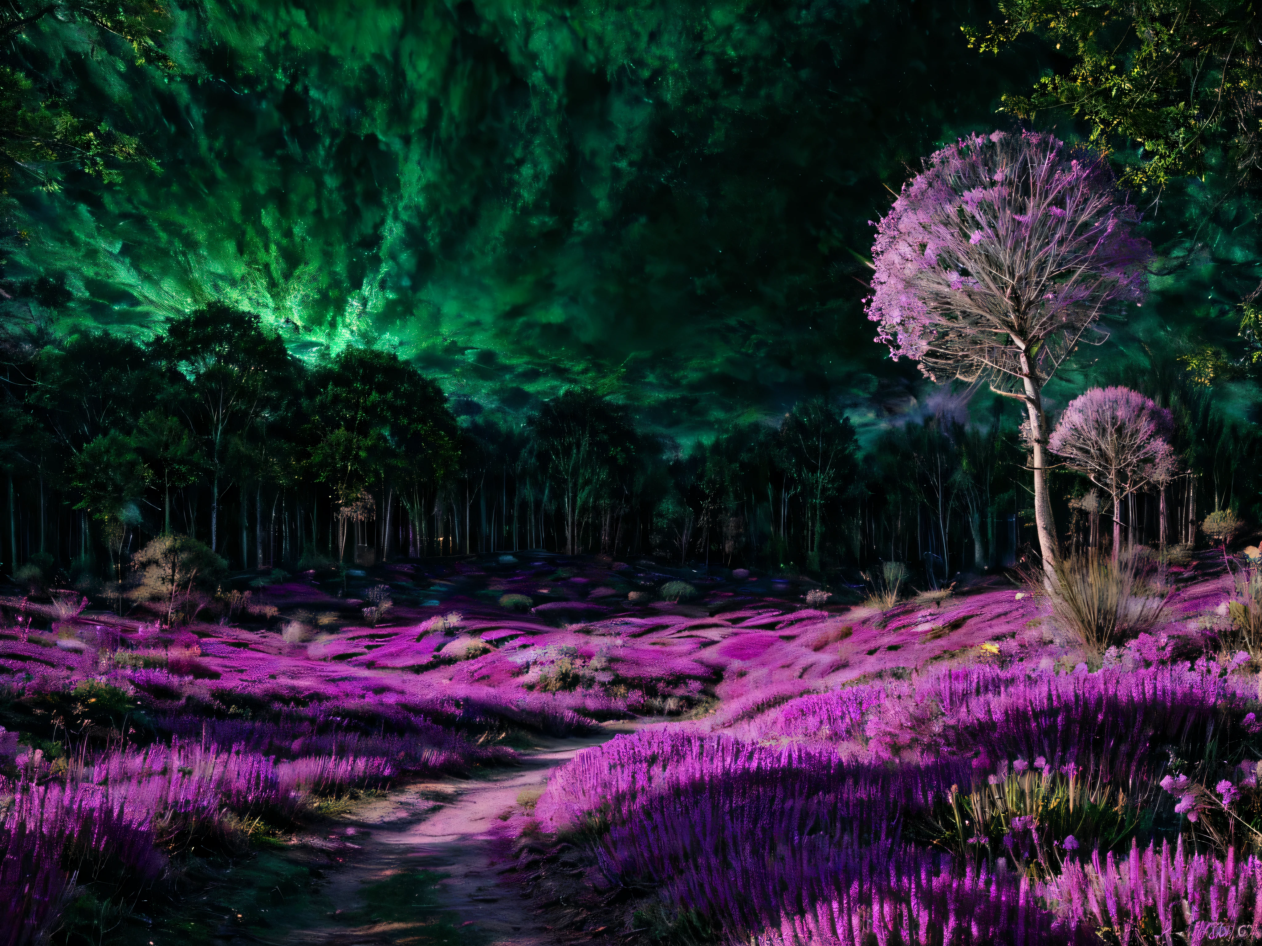 "Transporte-se para um reino de &#39;Psychedelic Nature&#39;, where flora and fauna display exaggerated and surreal colors and patterns. Explore this unique world through a psychedelic lens, immersing yourself in an imaginative vision of nature, where every intricate detail of plants and animals is highlighted by vibrant colors, psychedelic colours. Experience surreal patterns and textures that transcend common perceptions of nature, criando uma paisagem onde a realidade se funde com o surreal. Infundir elementos de fantasia em cenas naturais, adding a hypnotic, dreamlike quality for the environment. Inspire-se em &#39;Electric Acid Daydream&#39; by ThistleMary to create images that defy expectations and invite the viewer to explore a world of beauty and wonder beyond imagination."