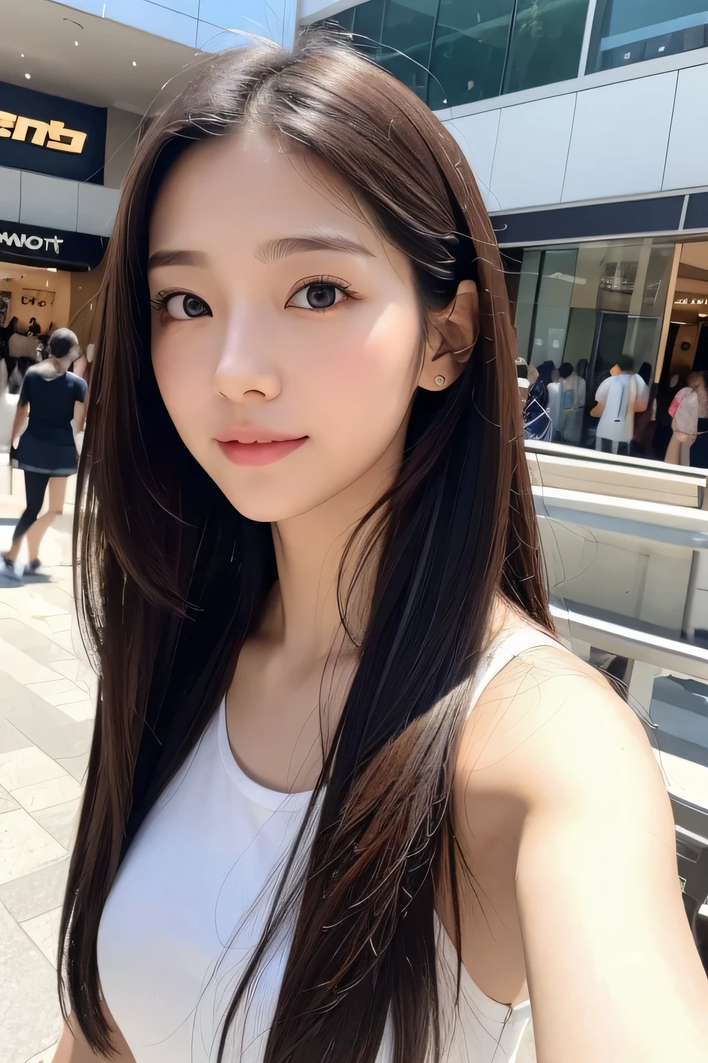 8k、High resolution、high nose、narrow eyes、skinny、no makeup、the face you show to your lover、sexy eyes、white skin、transparent skin、slimming、wrinkles around the eyes、Vertical plane、transparent skin、shiny hair、Fashion Model、small breasts、light that illuminates the front of the face、look at the camera、Eyes of the Upper Eye、Travel Photography、playful figures、goddess of beauty、There are many angels around、Shopping mall