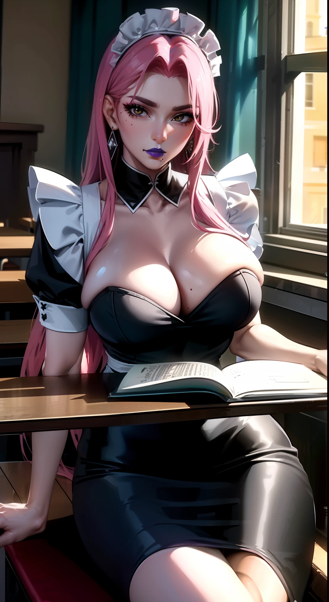 (masterpiece, High resolution, highest quality:1.3), 8K, very detailed, Complex, colorful, vivid images, sharp focus, digital blending, 4K, Popular on Pixiv in Grid, ((Maid clothes)), alone, mature woman, 40 years old, mature woman, winding, (浅black skinの女性:1.15), black skin, pose on top, classroom, Book, Book on table, sit on a chair, leaning against table, (Compassionate eyes:1.2), view viewer, cowboy shot, pink hair, very long hair, amount, hair intake, purple lipstick, compensate, mole under mouth, yellow eyes, perfect eyes, perfect face, super detailed hair, super detailed face, earrings, super detailed lips, big breasts, Ultra fine lipstick,