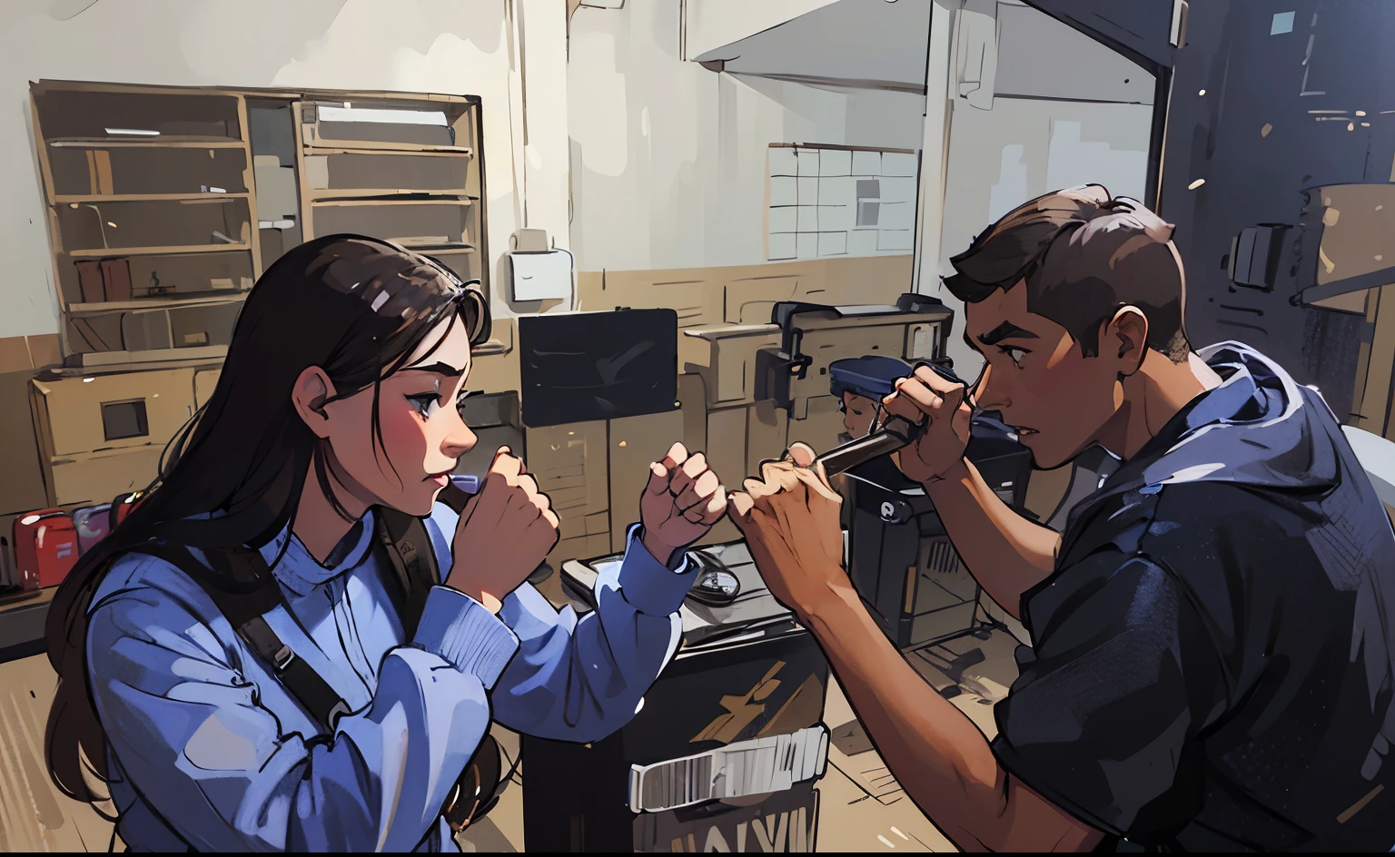 There was a boy(brown skin, Short shaved hair) and a girl(brunette, long hair), facing each other, fighting pose, fighting picture, before fight