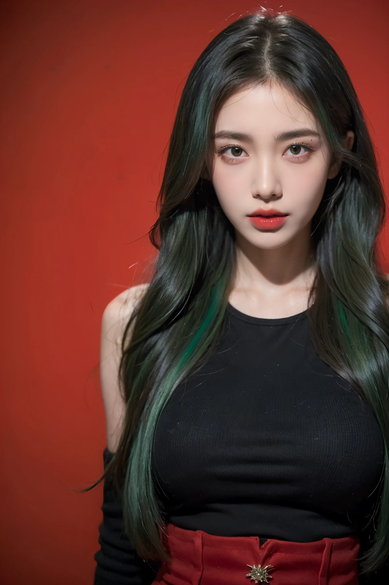 21yo girl, green hair, red background,