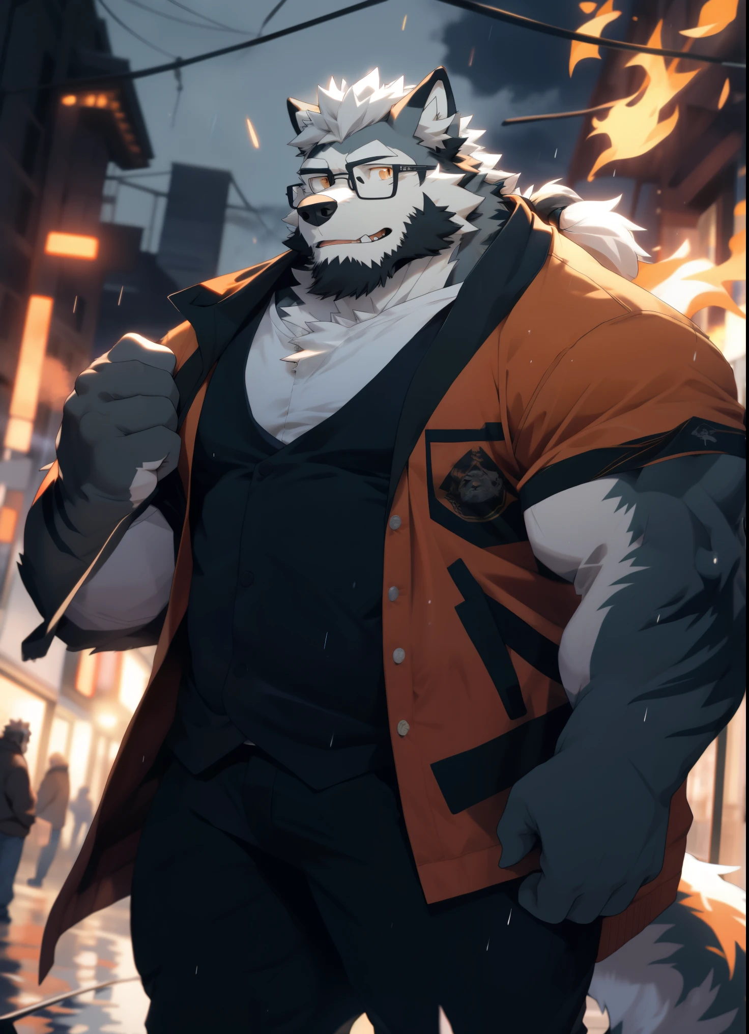hairy,((Wolf,Black-rimmed glasses,orange fire jacket)),beard,Hair is a long ponytail,long tail,white fur,male,Common,full-body shot,dynamic poses,giggle,rainy day,night,dark night,Detailed background,极其lifelike阴影,masterpiece,Very detailed,lifelike