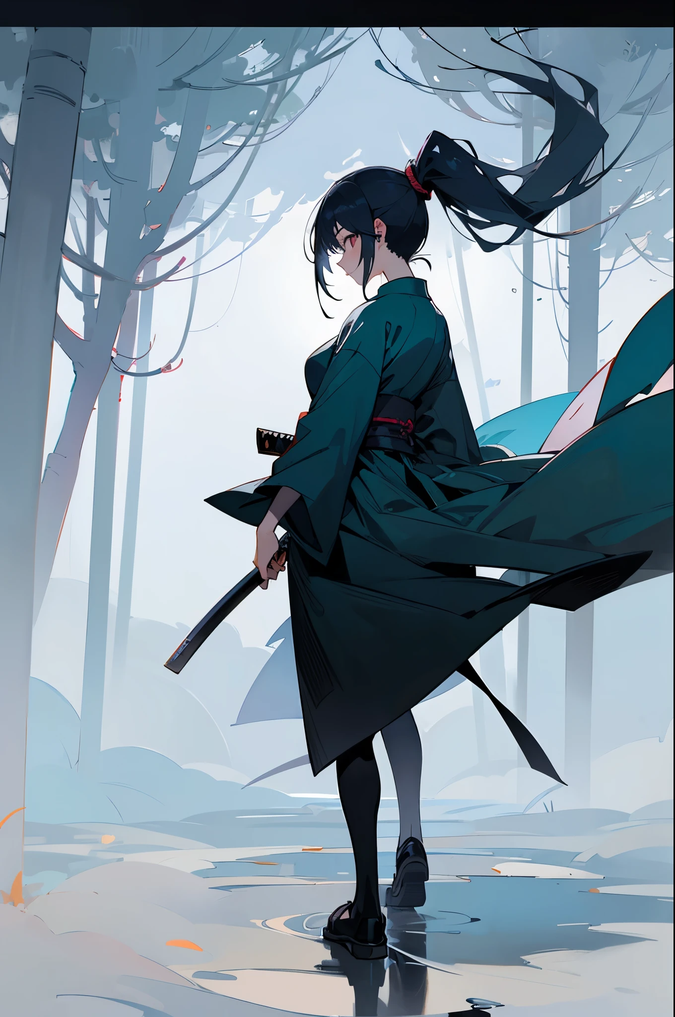 anime, (best quality), 1girl, a japanese slim girl walking to a dark forest with a katana, (ninja outfit), (long ponytail), (view from behind), fog, (far view), full body view