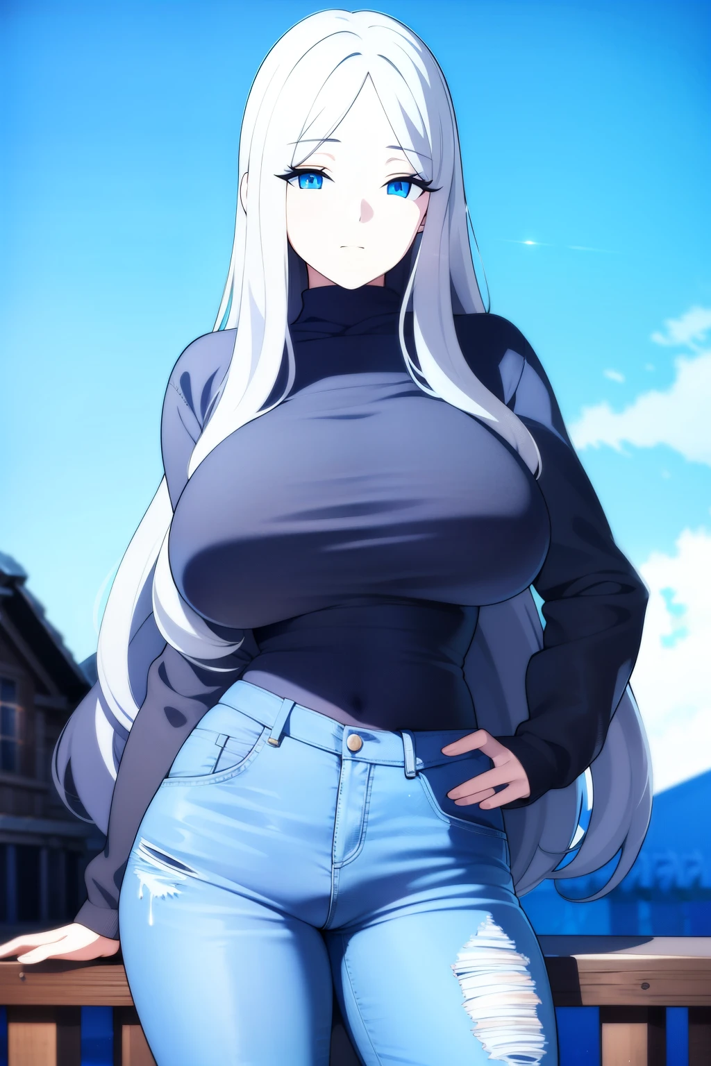 best quality, realistic:1.37), detailed portrait, White long hair, blue eyes, black hoodie and jeans, hourglass body and large breasts, country side