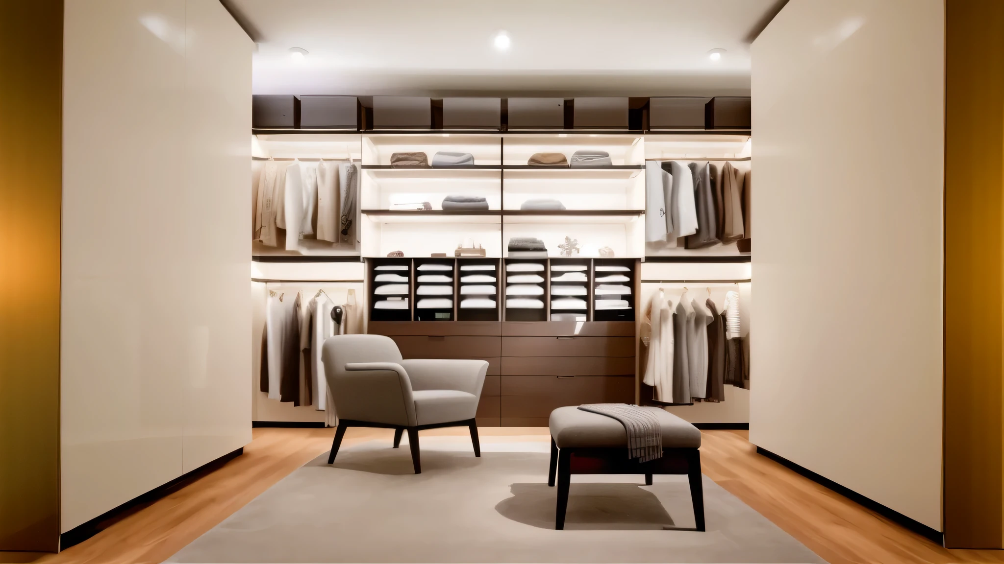 Walk-in wardrobe with chair and footstool Arav View, elegant wardrobe, stunning images, Featured Series, Elegant futuristic wardrobe, Neat and tidy, Featured Seriess, Neat and tidy, luxury furniture, image in center, cabinet furniture, clean images, inspiration, modern gallery furniture, bespoke, exhibit, shop, everything is in place