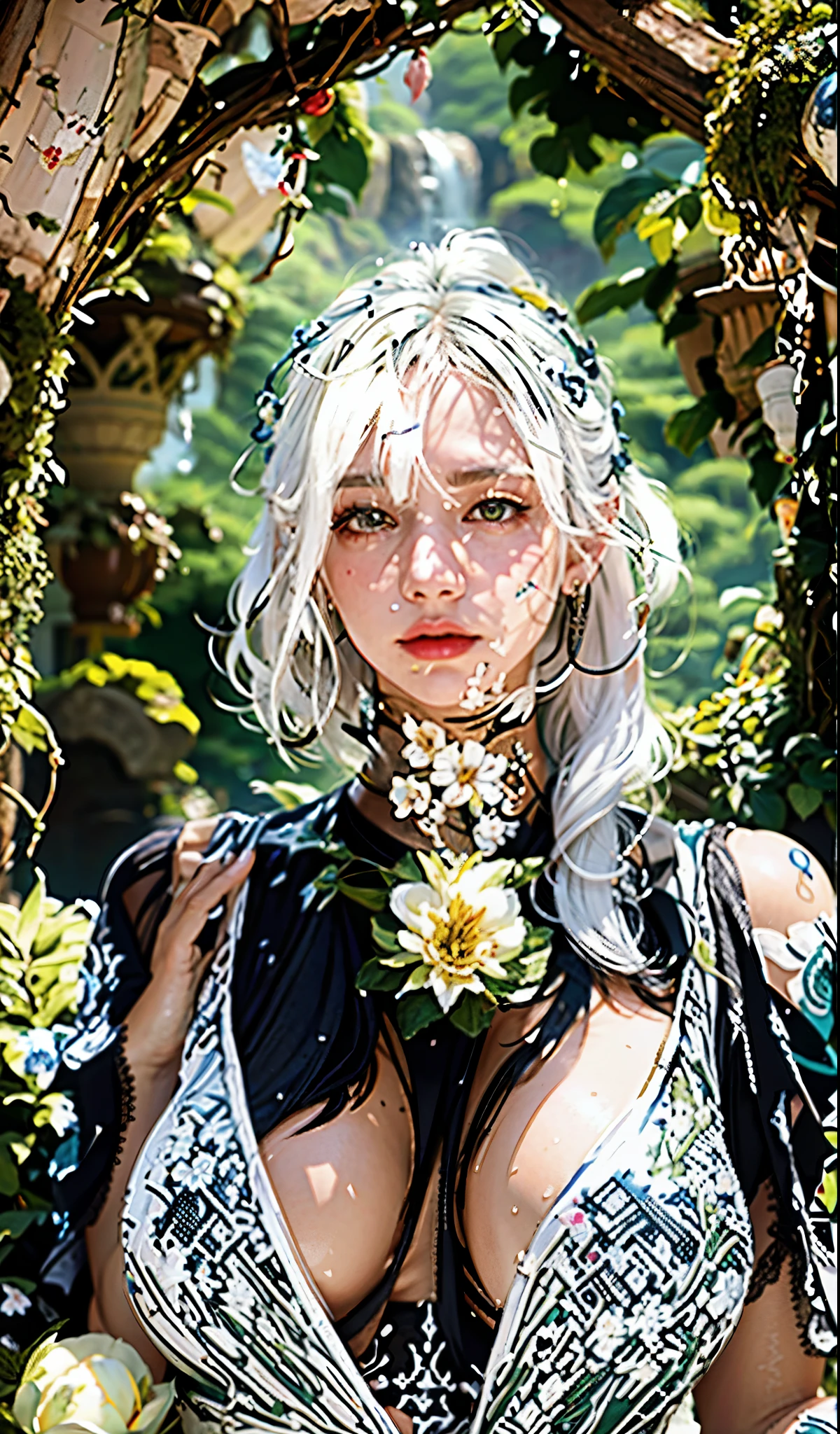1girl, solo, white_hair, tattoos, grotto, verdant, flowers, beautiful, idyllic, sublime, absurdres, hyper-realism, textured, maximum_detail, dslr